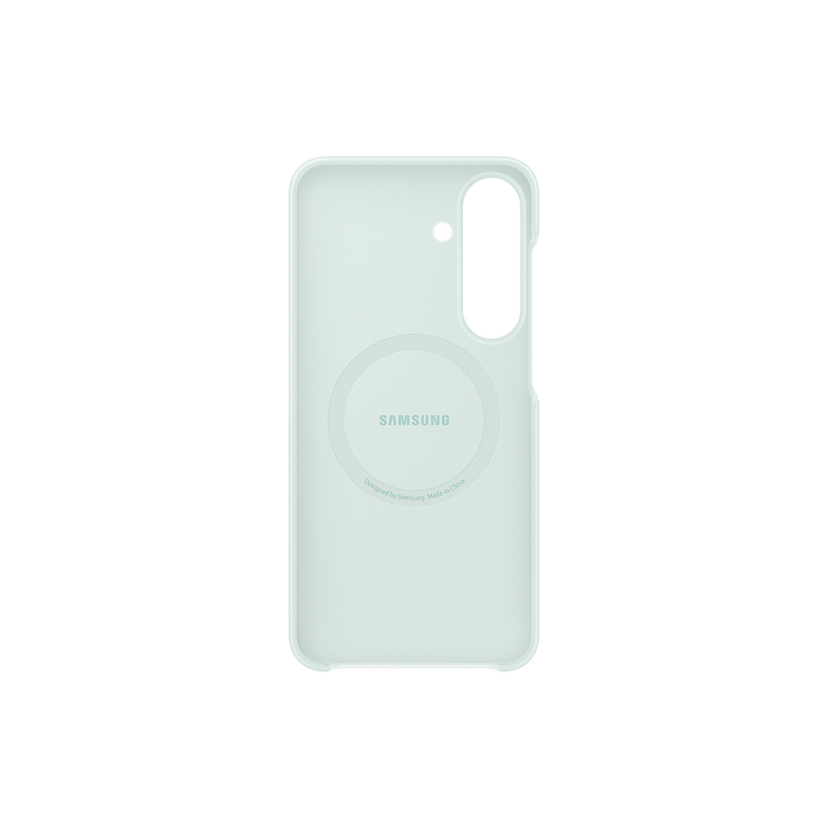 Una custodia per telefono Samsung verde chiaro su sfondo bianco, con un anello magnetico e aperture.