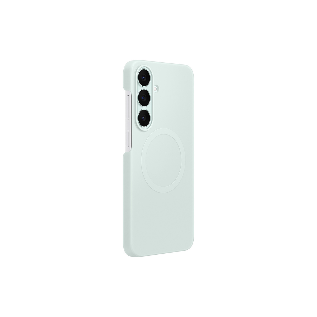 Uno smartphone verde chiaro con tre fotocamere posteriori e un anello magnetico circolare su sfondo bianco.