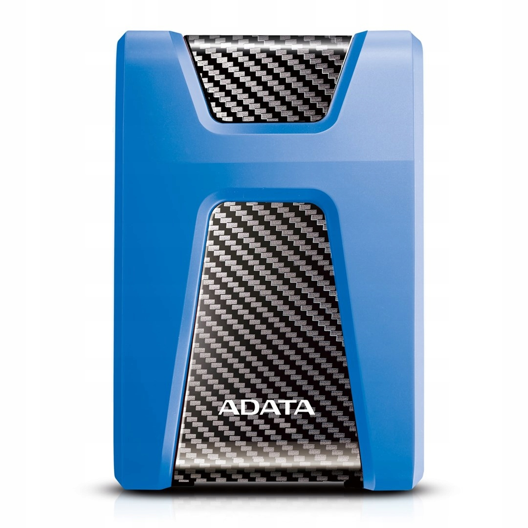Eine blaue ADATA-Festplatte mit Kohlefaser-Akzenten auf weißem Hintergrund.