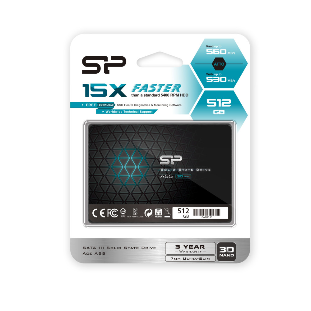 Verpackung der Silicon Power A55 512GB SSD mit technischen Daten.