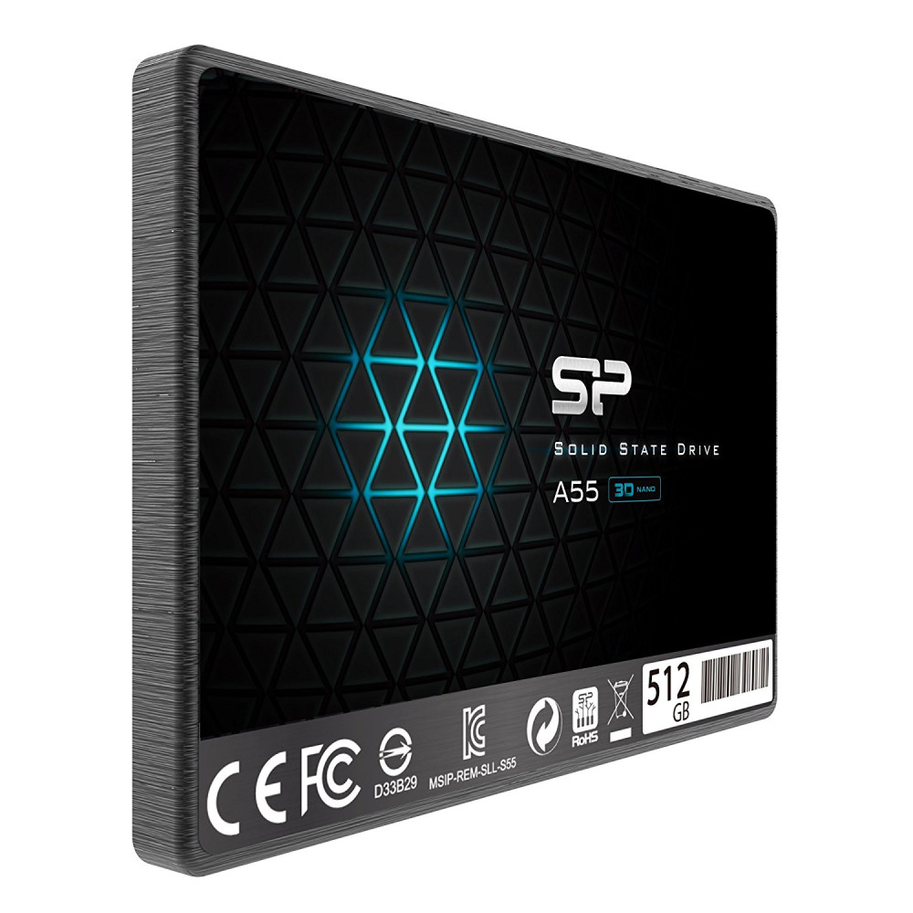Eine schwarze Solid-State-Drive-Festplatte mit der Aufschrift A55 und 512 GB auf einem weißen Hintergrund.