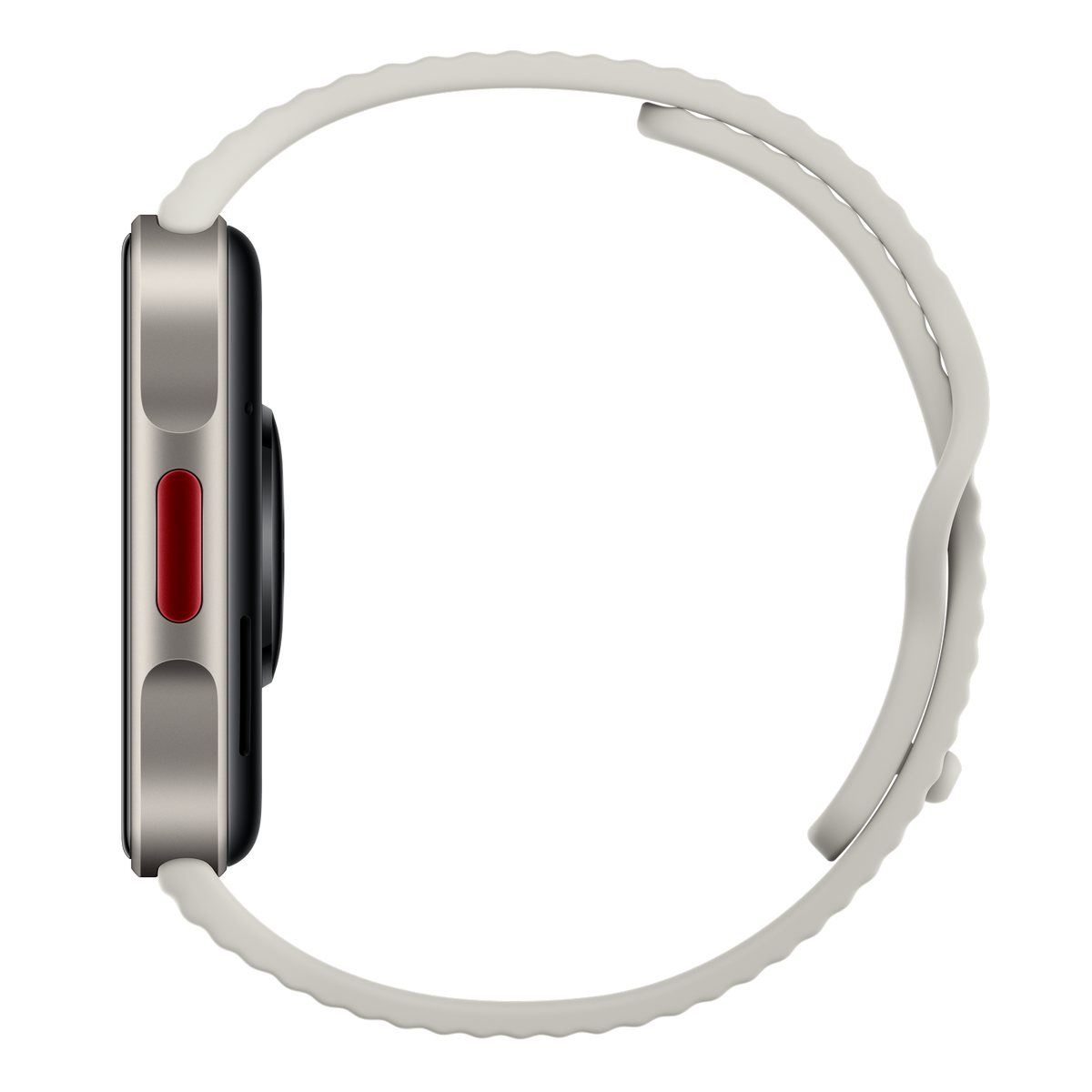 Seitenansicht einer silbernen Smartwatch mit weißem Armband auf schwarzem Grund.