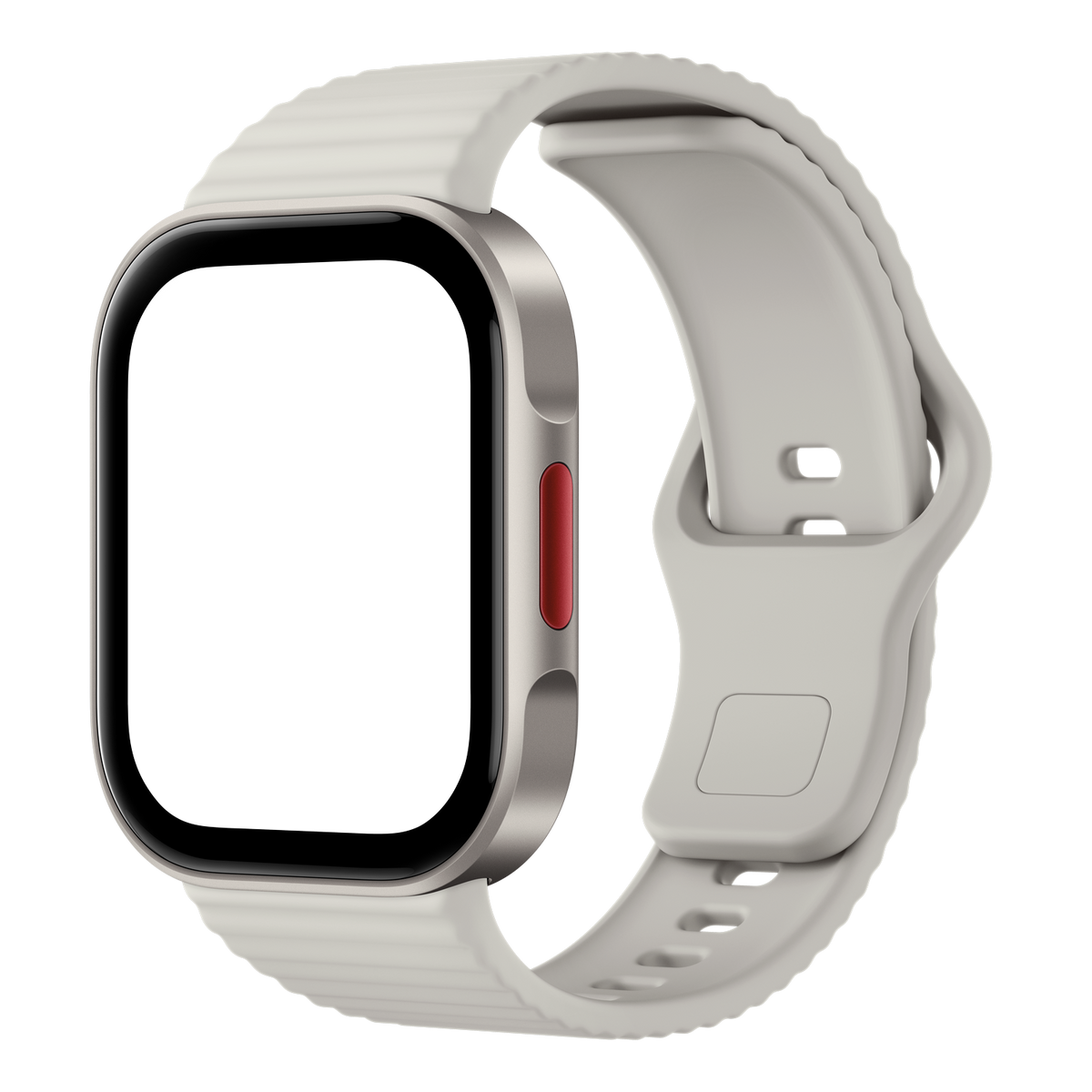 Eine silberne Smartwatch mit schwarzem Bildschirm und weißem, geripptem Armband vor schwarzem Hintergrund.