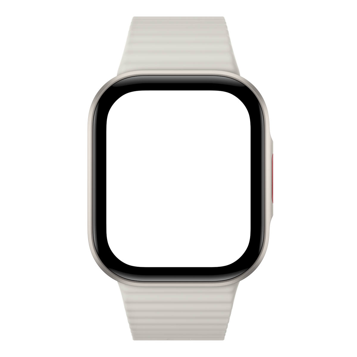 Eine Smartwatch mit hellem Silikonarmband und schwarzem Display vor schwarzem Hintergrund.
