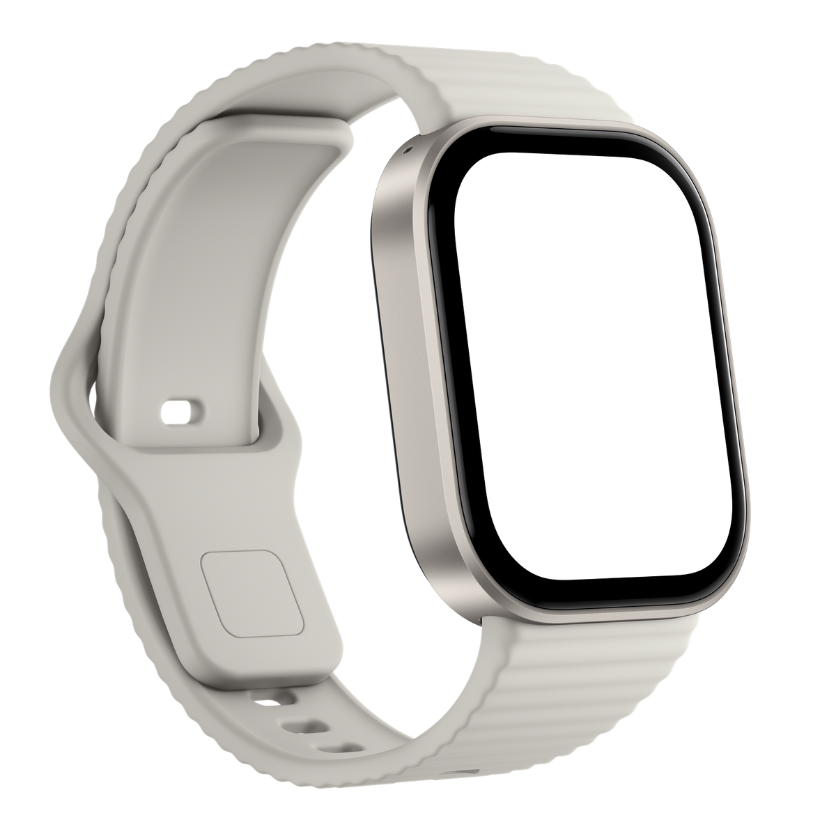Eine weiße Smartwatch mit dunklem Bildschirm und geripptem Silikonarmband vor schwarzem Hintergrund.