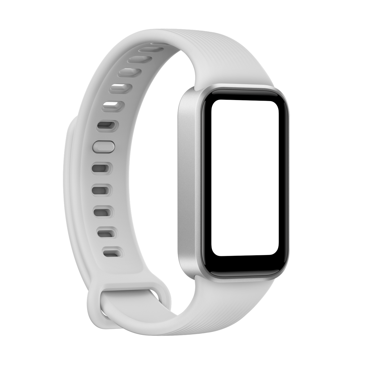 Un reloj inteligente blanco con pantalla rectangular y correa perforada sobre fondo negro.