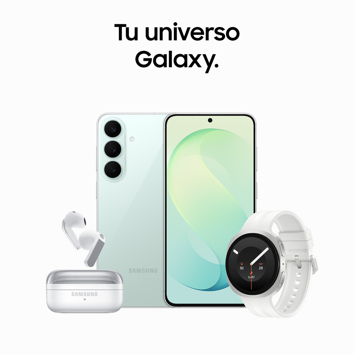 Ecosistema Samsung Galaxy con smartphone, smartwatch e auricolari wireless su sfondo bianco.
