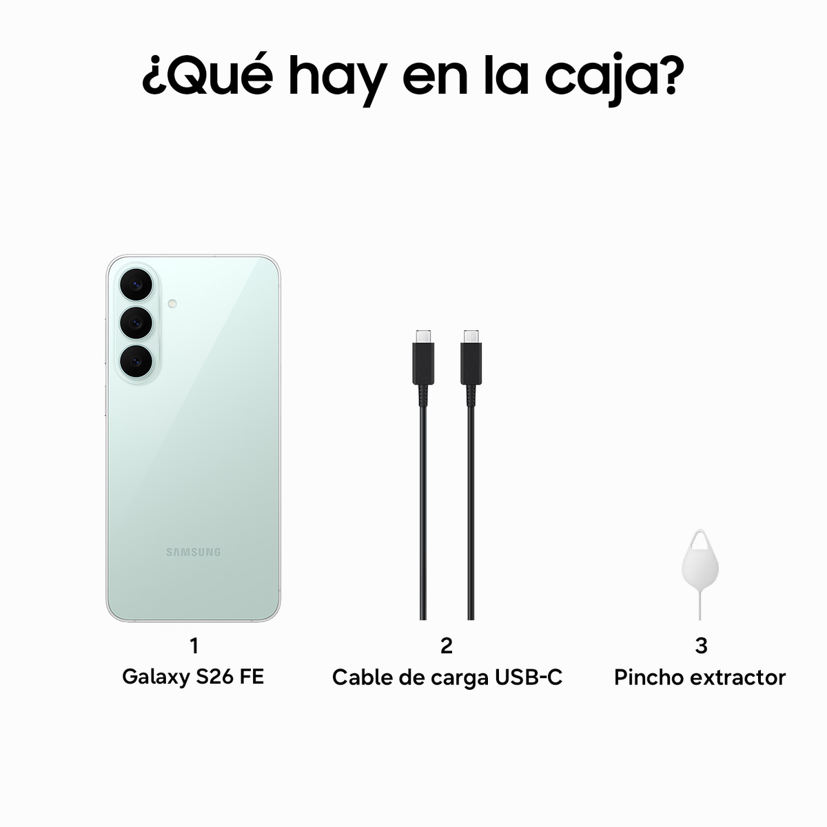 Contenuto della confezione: un Samsung Galaxy S26 FE verde chiaro, un cavo di ricarica USB-C e una spilla SIM.