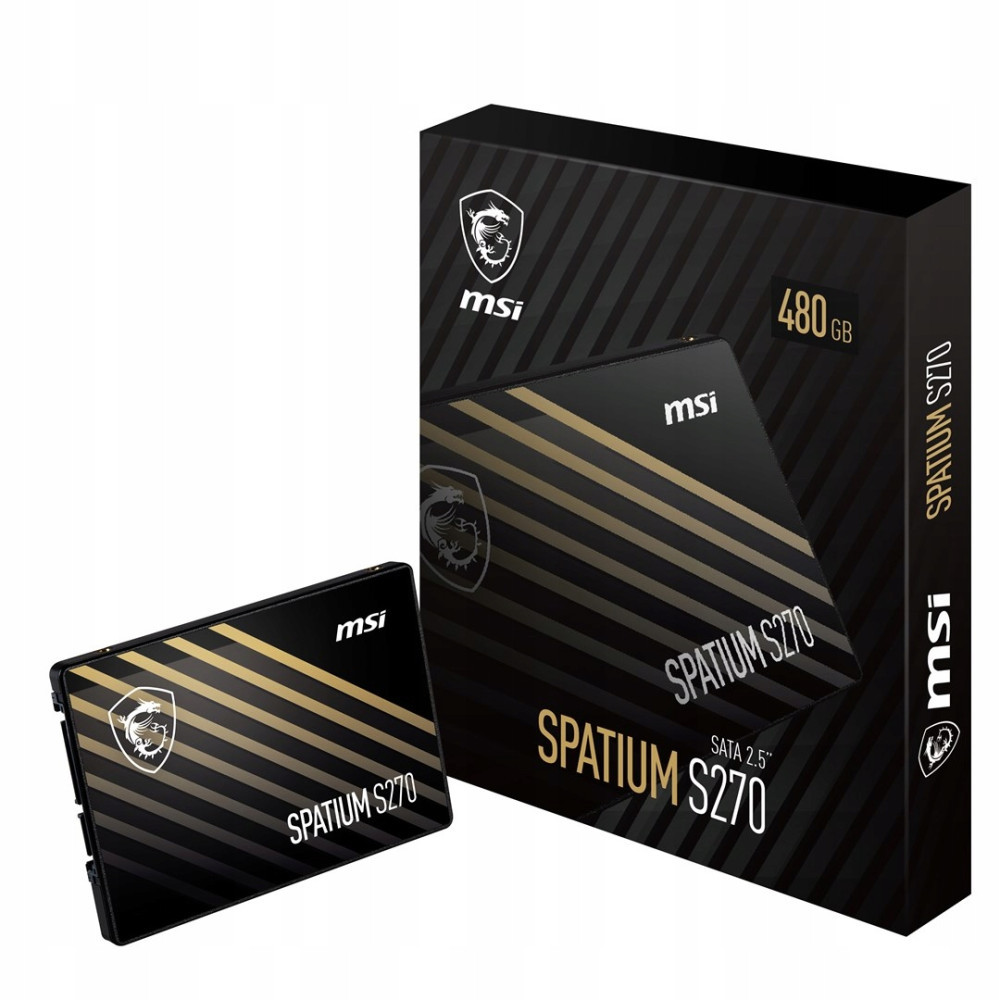 MSI Spatium S270 480GB SSD und die schwarze Produktverpackung mit goldenen Streifen auf weißem Grund.