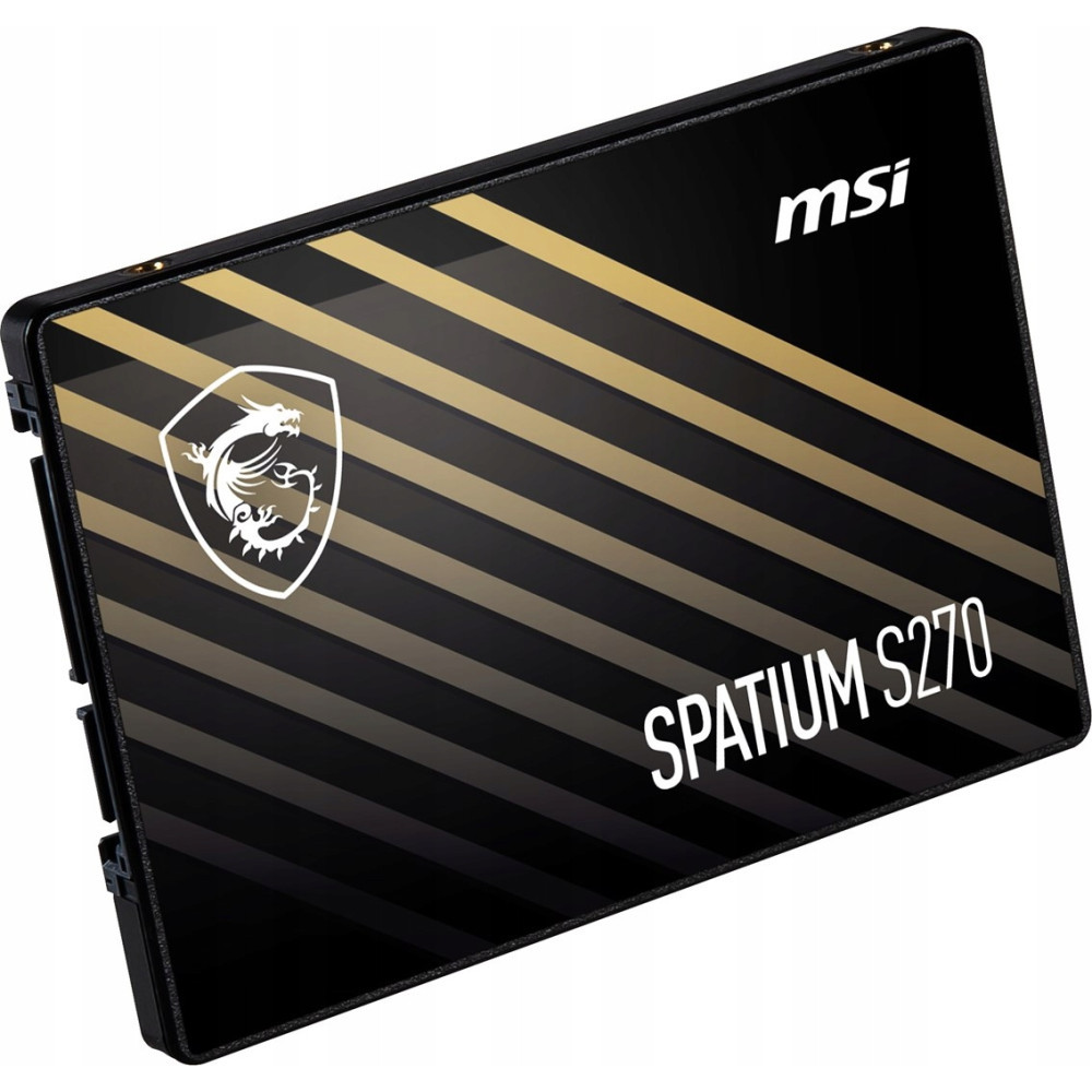 MSI Spatium S270 2,5-Zoll SATA SSD im schwarz-gold gestreiften Design mit Drachenlogo und weißem Text.