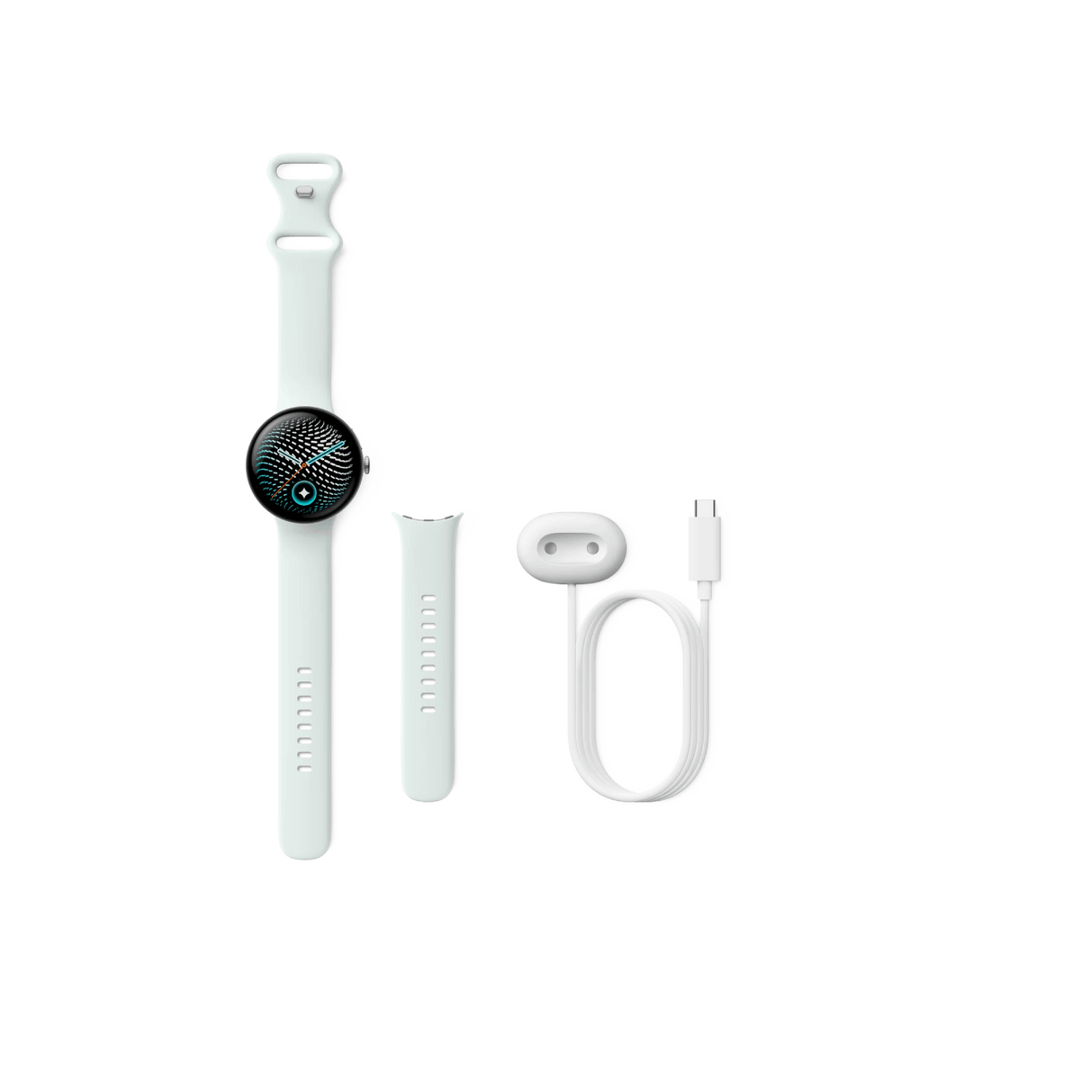 Un reloj inteligente blanco con accesorios, que incluye correa adicional y cable de carga sobre fondo negro.