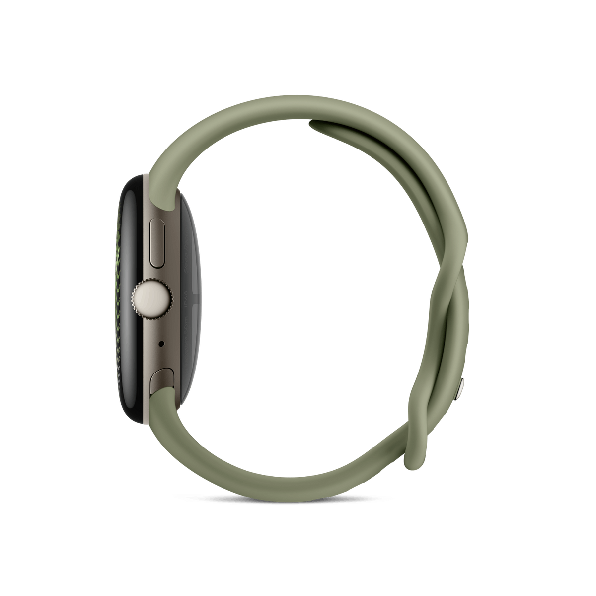 Vista lateral de un reloj inteligente con correa de silicona verde oliva sobre fondo negro.