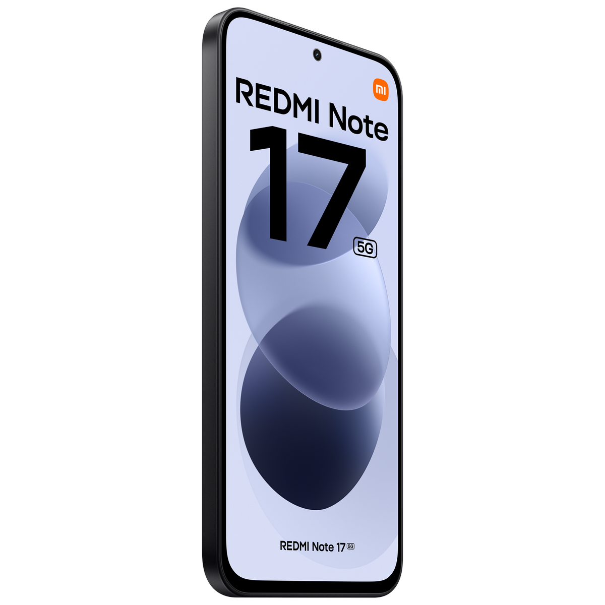 Ein schwarzes Redmi Note 17 5G Smartphone auf schwarzem Hintergrund zeigt einen Werbebildschirm mit großen Zahlen.