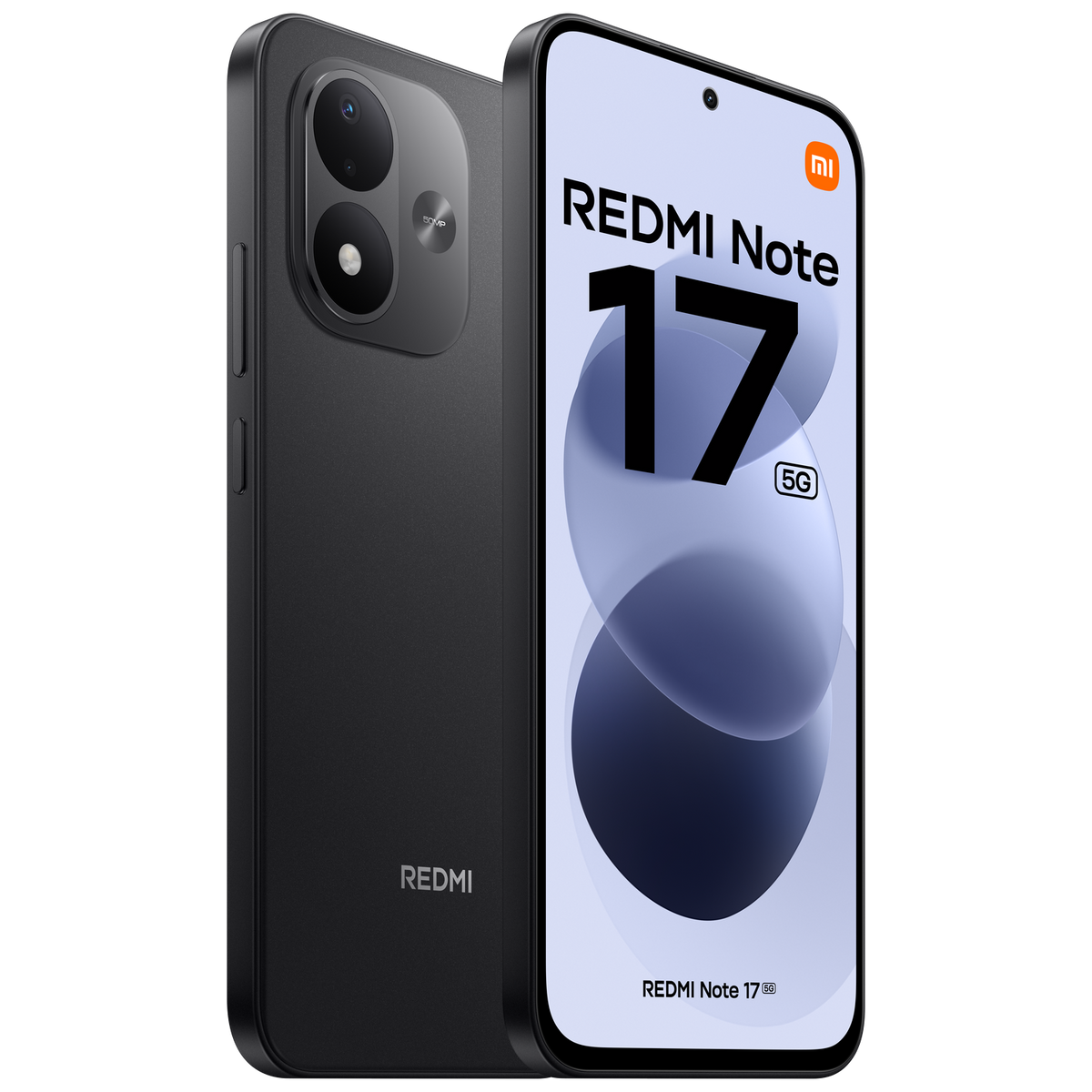 Zwei schwarze Redmi Note 17 5G Smartphones, eines zeigt die Rückseite mit Dual-Kamera, das andere das Display.