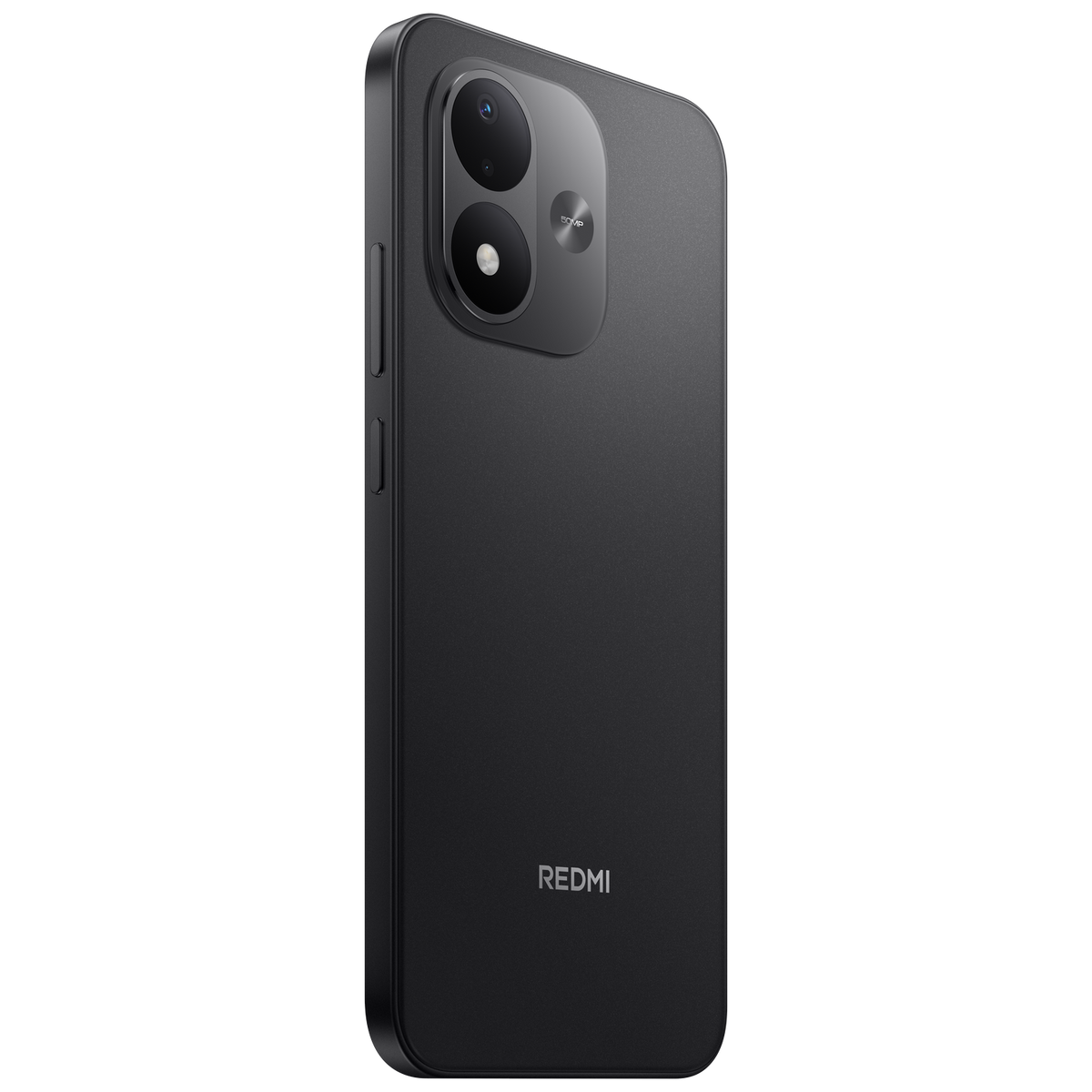 Ein schwarzes Redmi-Smartphone mit Dual-Kamera und Redmi-Logo auf der Rückseite.