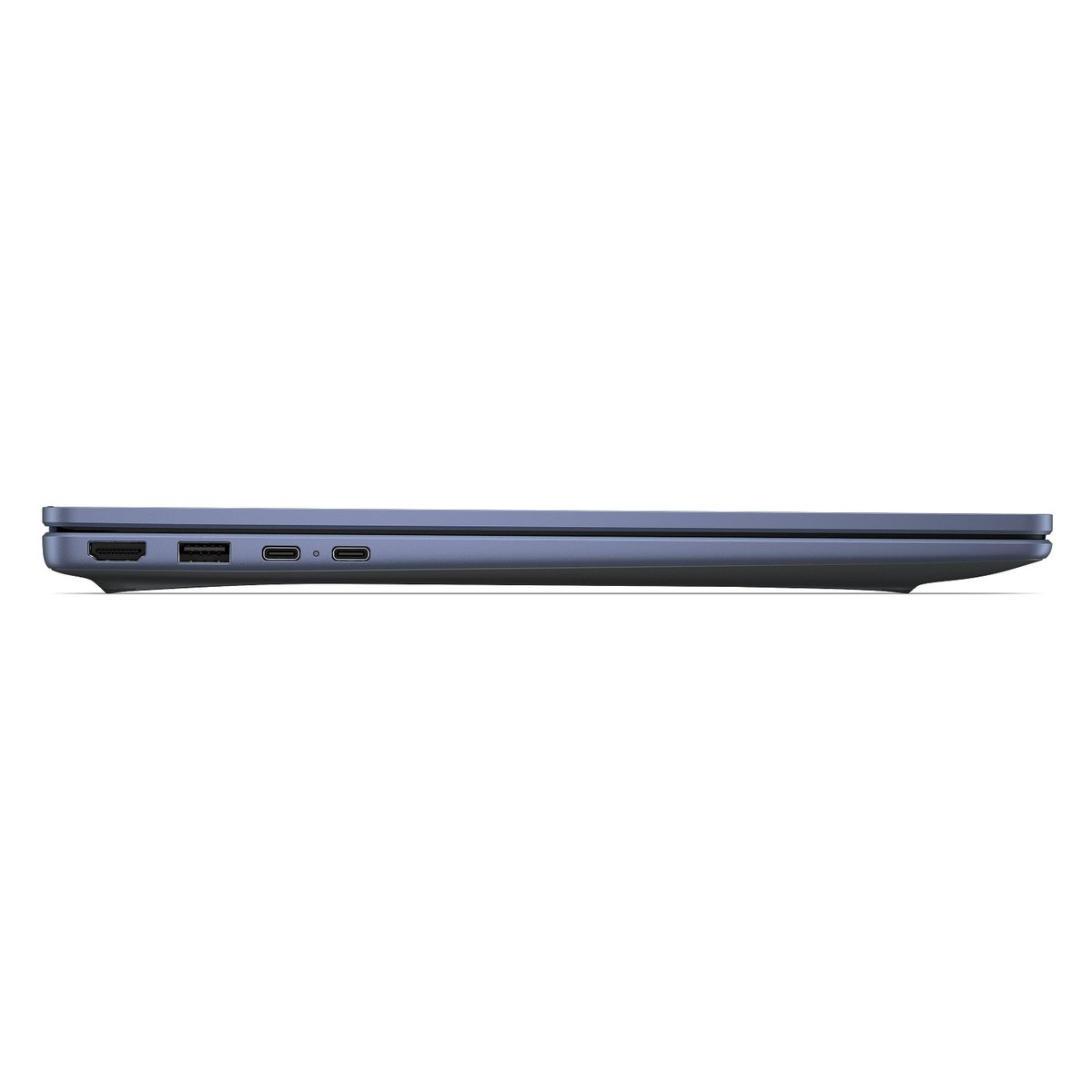 Lado izquierdo de un portátil azul con puertos HDMI, USB-A y dos USB-C.