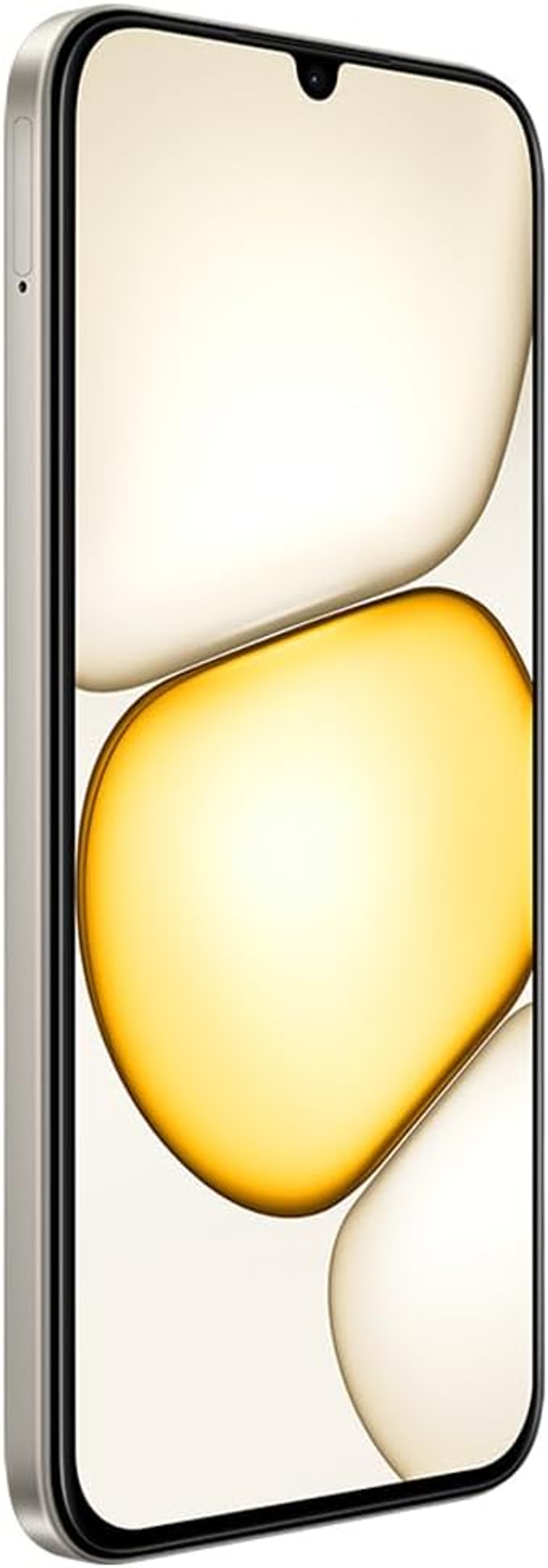 Un teléfono inteligente con pantalla amarilla y blanca y una pequeña cámara frontal.