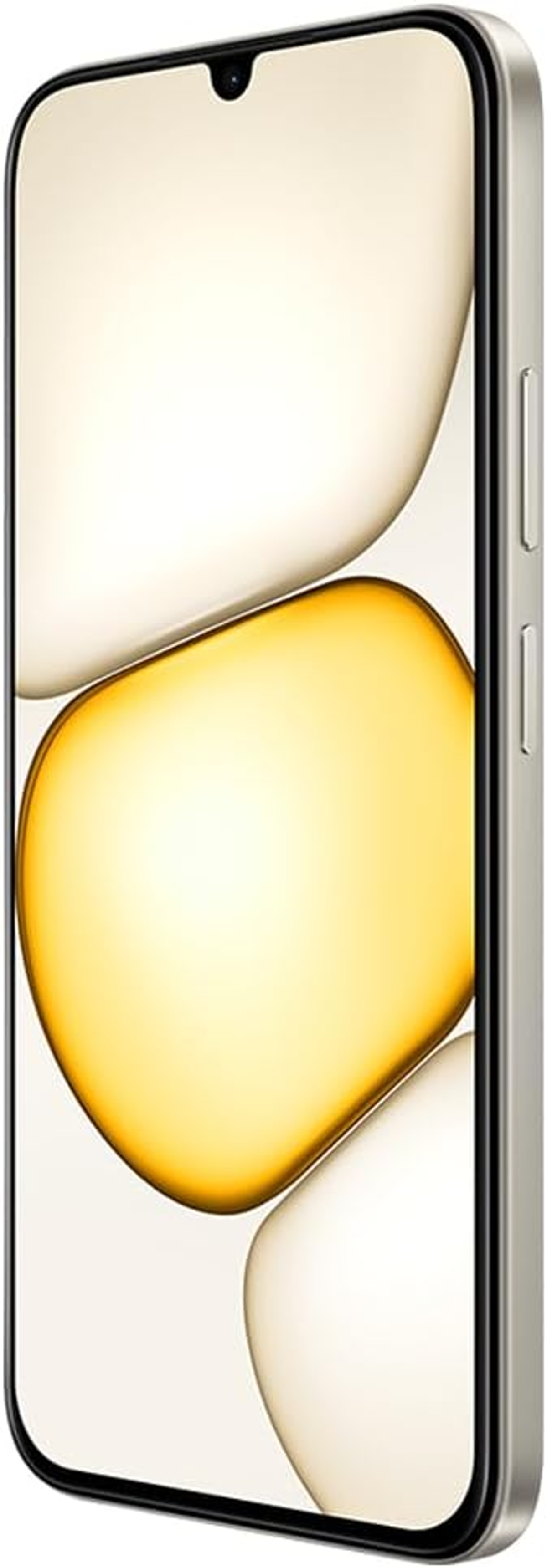 Un teléfono inteligente con marco claro y formas abstractas amarillas y blancas en la pantalla.