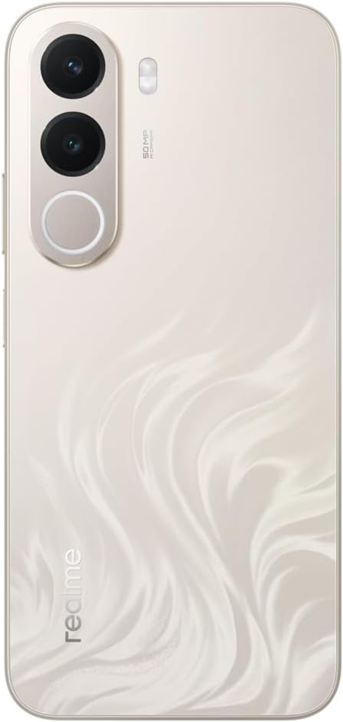 Parte trasera de un smartphone Realme beige con un sistema de triple cámara vertical y diseño de ondas blancas.