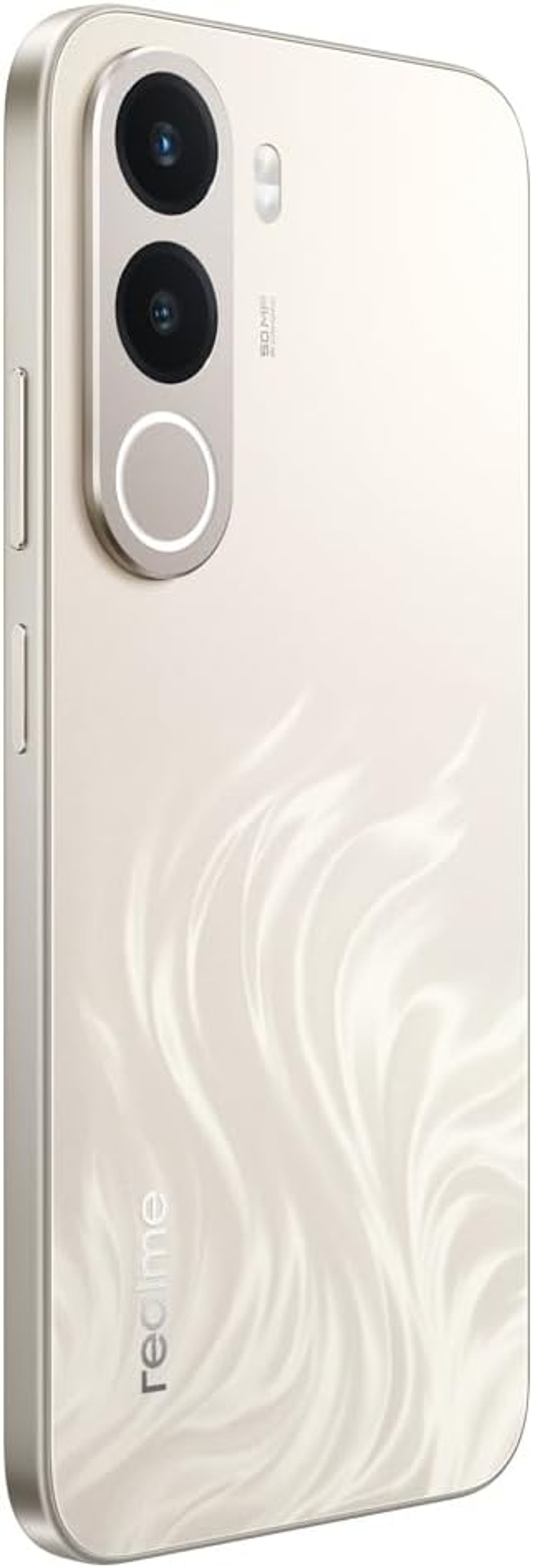 Parte trasera de un smartphone dorado con tres cámaras verticales, flash y un sutil patrón de llamas blancas.
