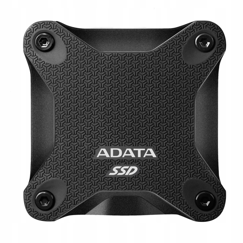 Schwarze ADATA SSD mit texturiertem Gehäuse und vier Einstellschrauben an den Ecken.