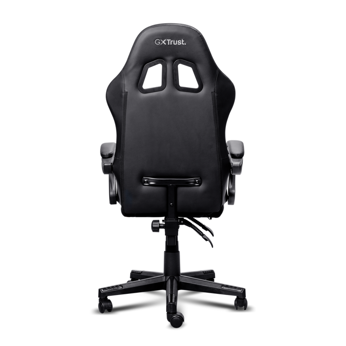 Rear view of a black GXTrust gaming chair with wheels against a black background.