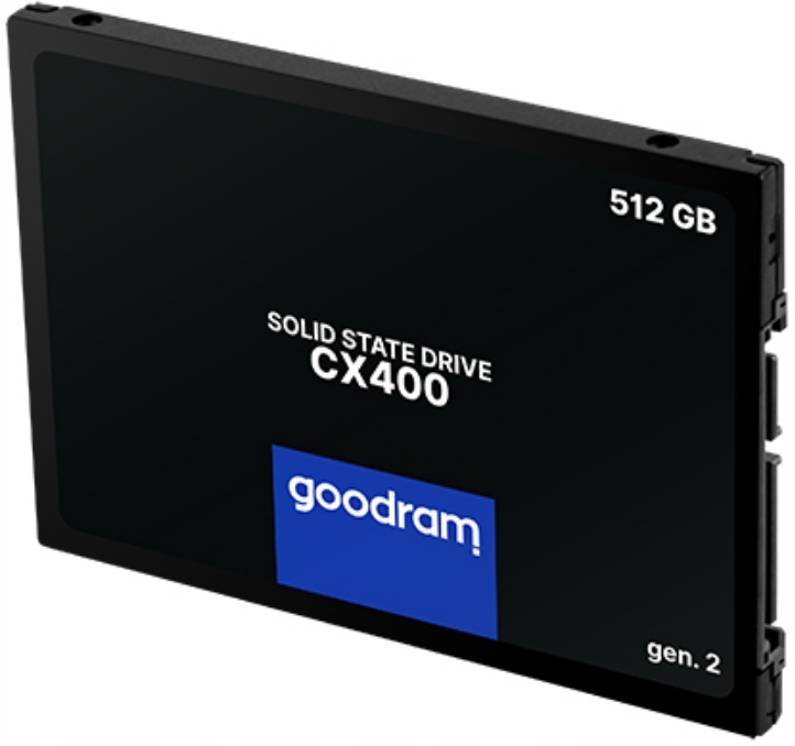 Black Goodram CX400 512 GB solid-state drive with white text and a blue logo.