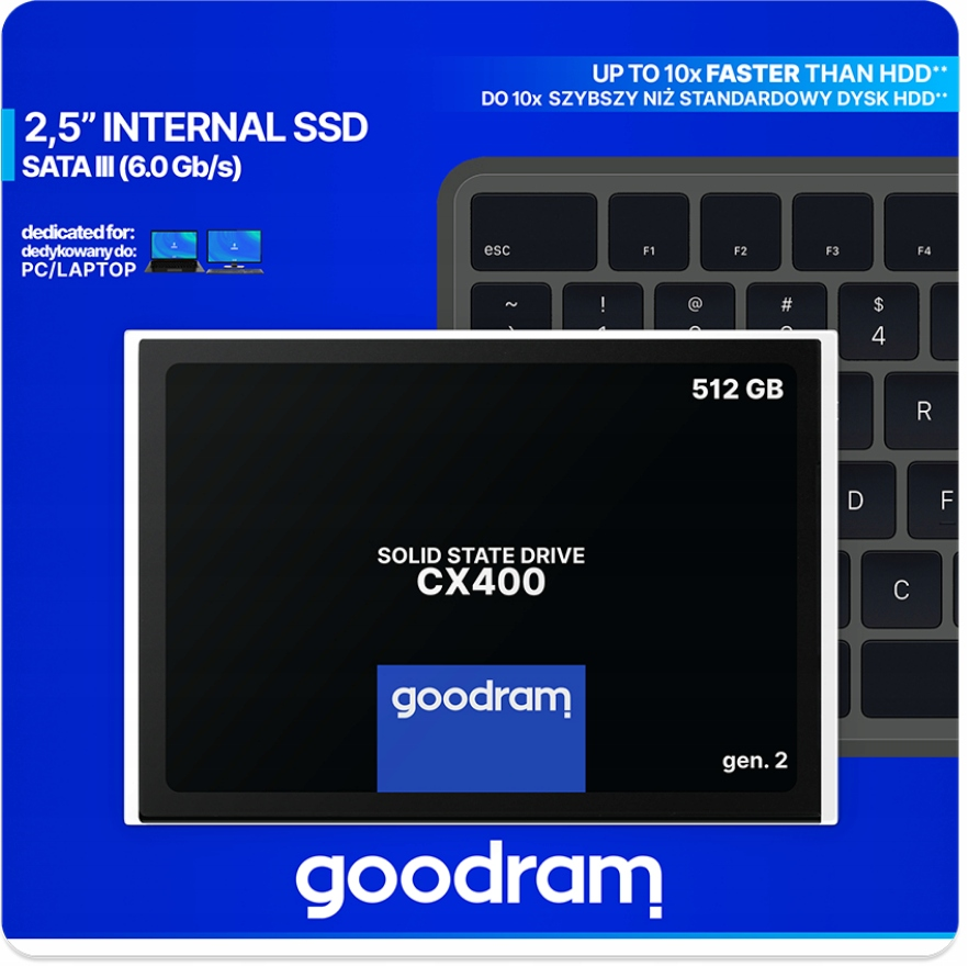 Goodram CX400 512GB 2.5-inch SSD against a blue background and a keyboard.