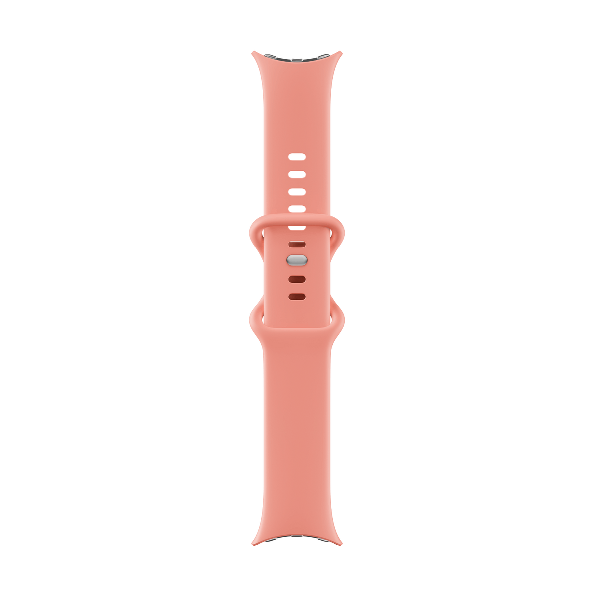 Una correa de reloj deportiva de color rosa salmón con agujeros y hebilla metálica sobre fondo negro.