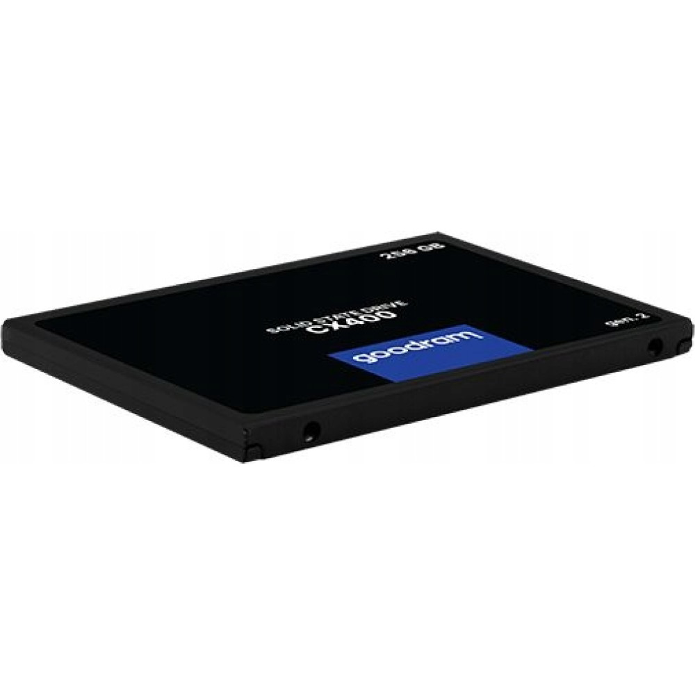 A black Goodram CX400 256GB solid state drive sits angled on a plain white background.