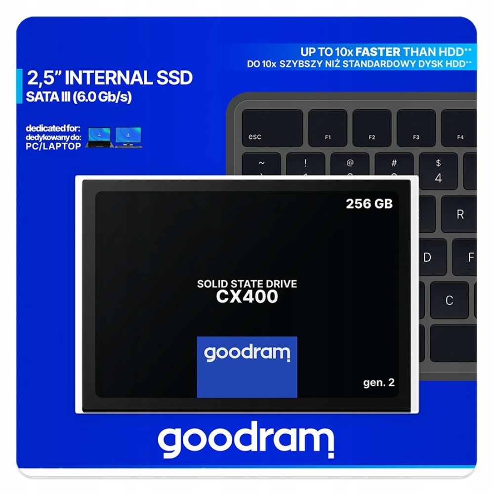 Goodram CX400 256GB internal SSD advertisement on blue background with keyboard.