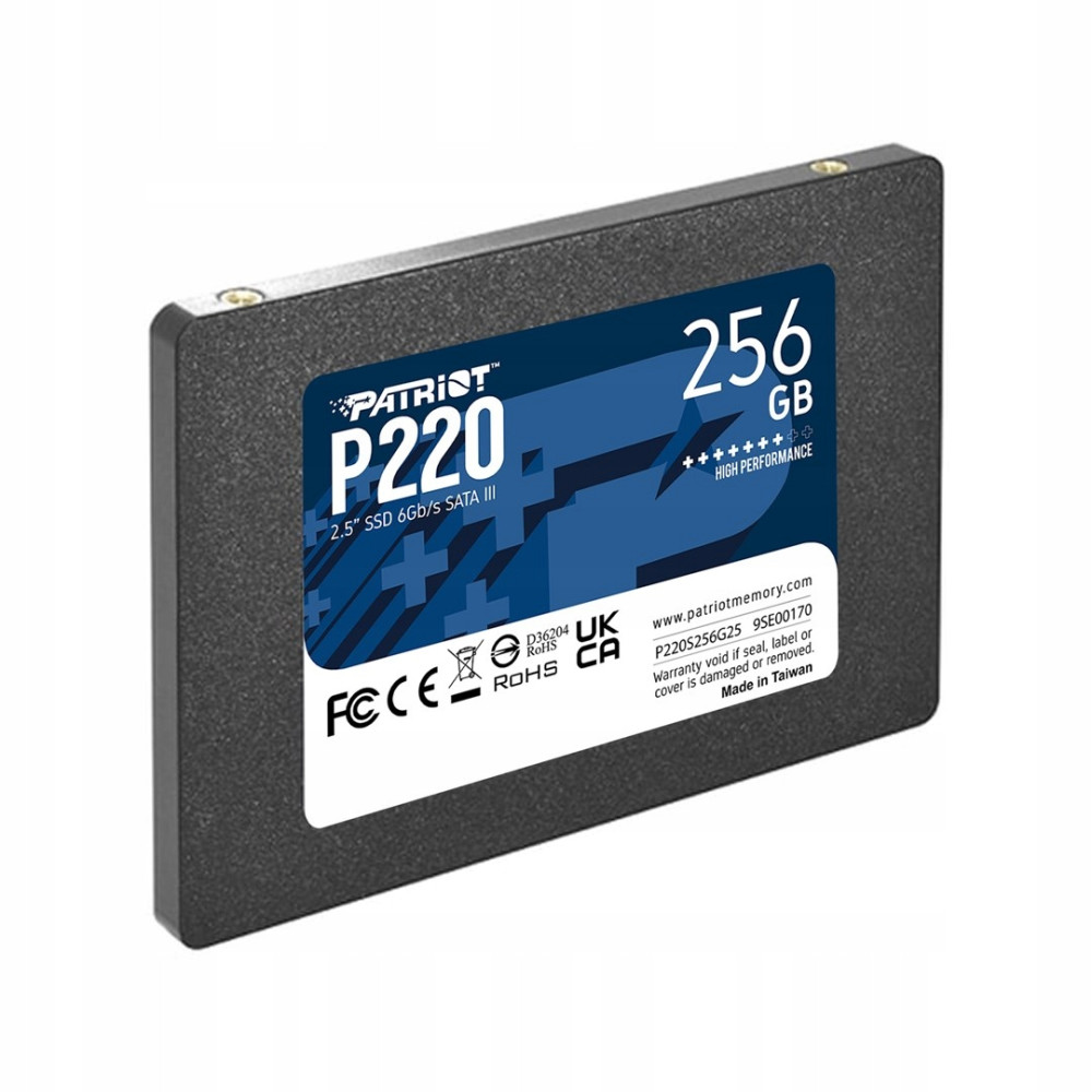 Dysk SSD Patriot P220 256 GB 2,5 cala z czarną obudową i niebiesko-białą etykietą.