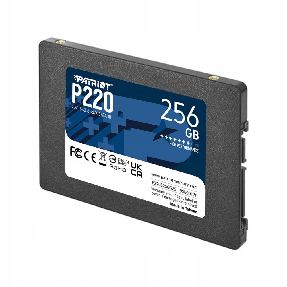 Dysk SSD Patriot P220 256 GB 2,5 cala w czarnej obudowie z niebiesko-białą etykietą.