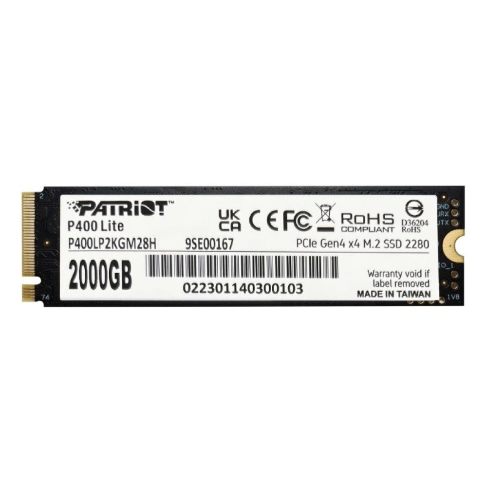 Patriot P400 Lite 2000GB M.2 NVMe SSD with black PCB and a white product label showing barcodes and compliance marks.