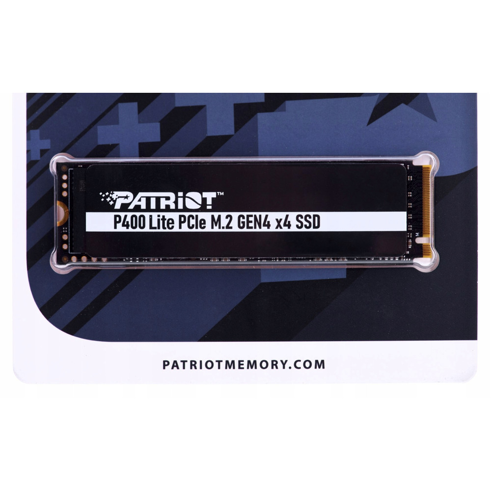 Patriot P400 Lite PCIe M.2 Gen4 x4 SSD in blister packaging on blue background.