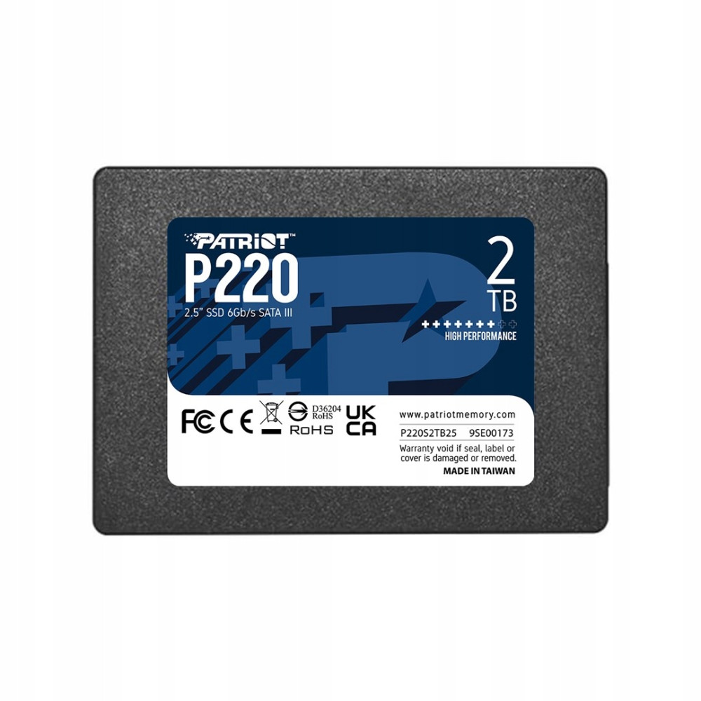 Patriot P220 2TB 2,5-Zoll-SATA-III-SSD mit blau-weißem Aufkleber.