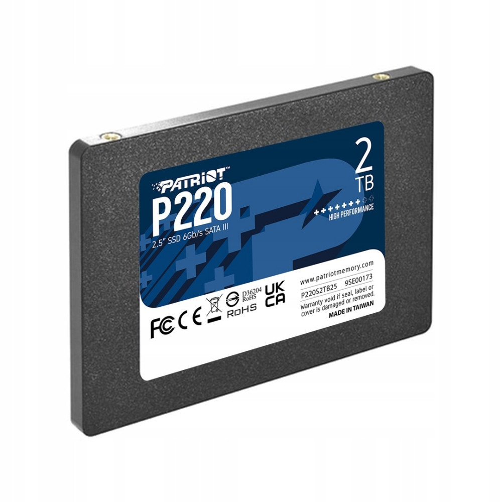 Patriot P220 2TB 2,5-Zoll SATA III SSD mit schwarzem Gehäuse und blauem Etikett.
