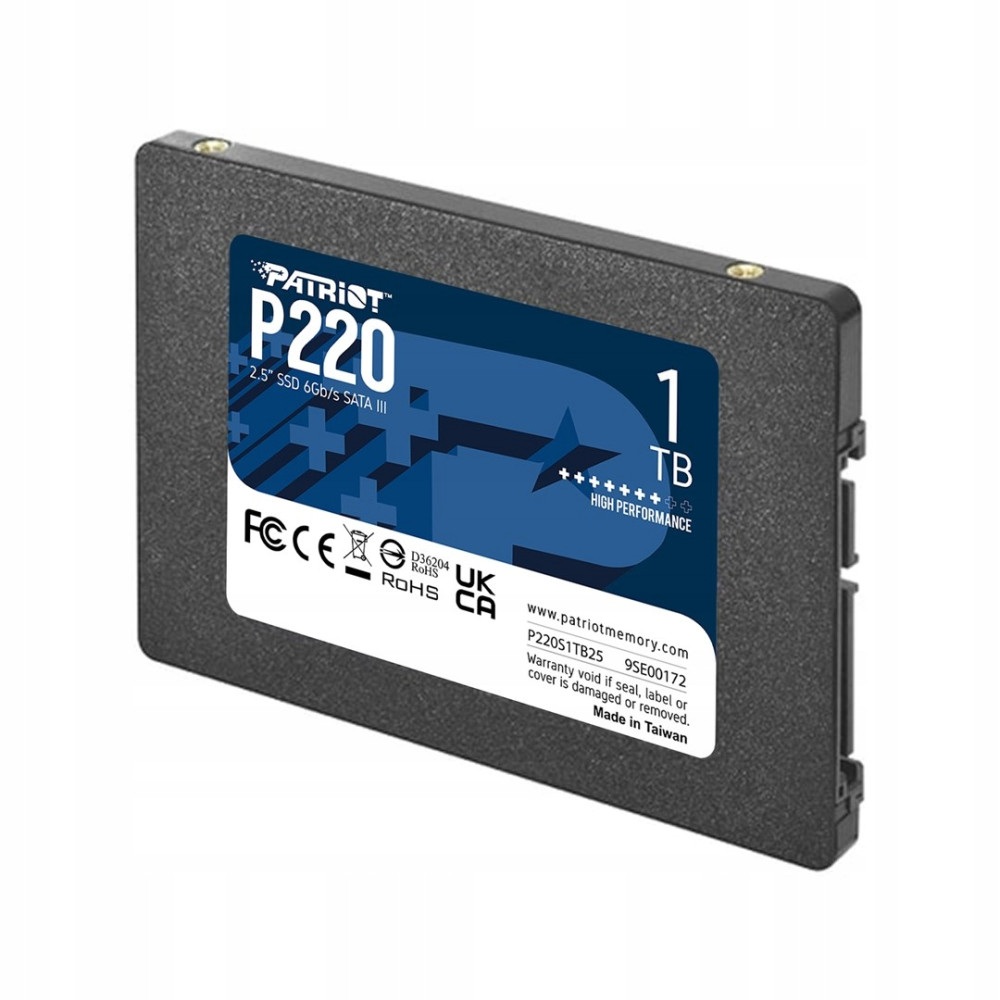 Black Patriot P220 1TB 2.5-inch SATA III SSD with blue and white product label.