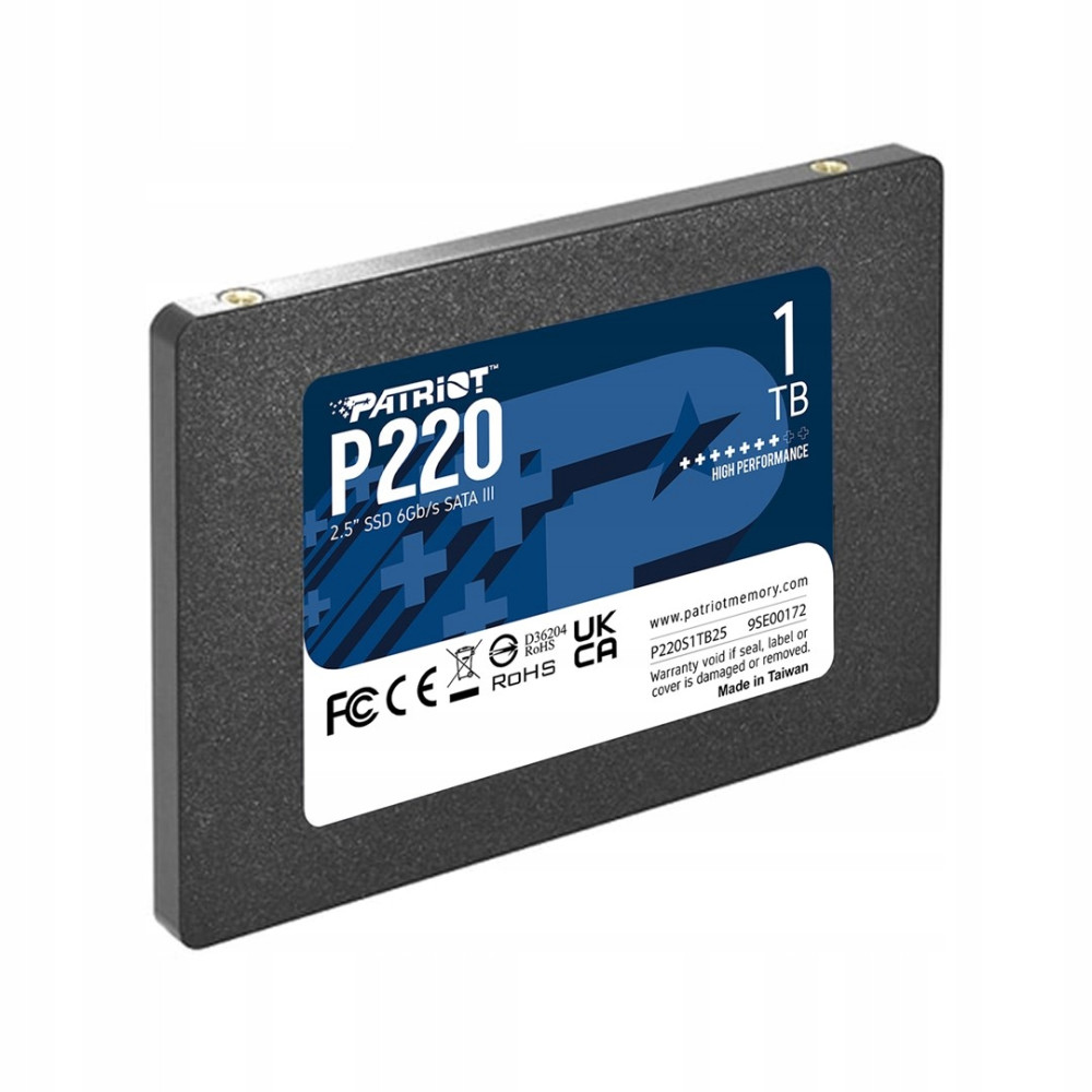 A black 1TB Patriot P220 2.5-inch solid state drive with a blue and white product label on a white background.
