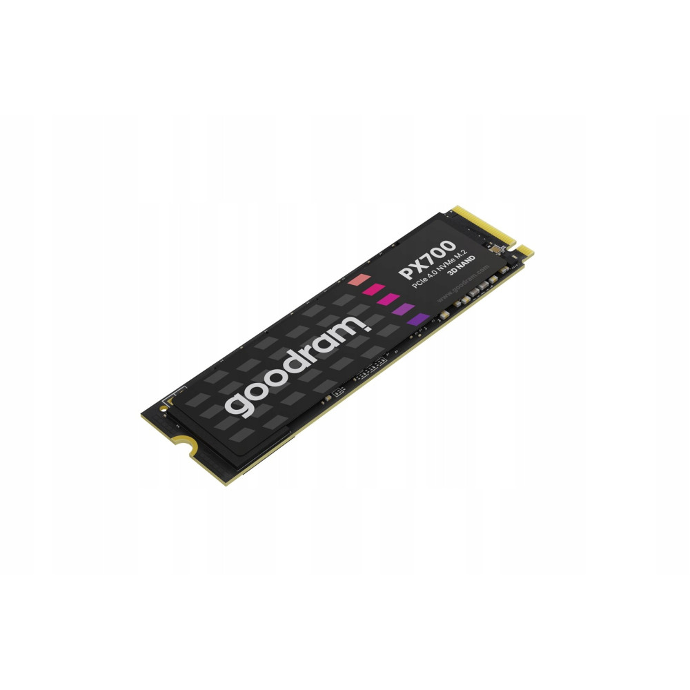 Un SSD M.2 NVMe Goodram PX700 noir avec marquage blanc et rose sur fond blanc.