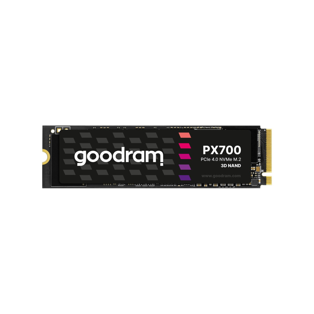 Un SSD M.2 NVMe Goodram PX700 noir avec des accents colorés sur fond blanc.