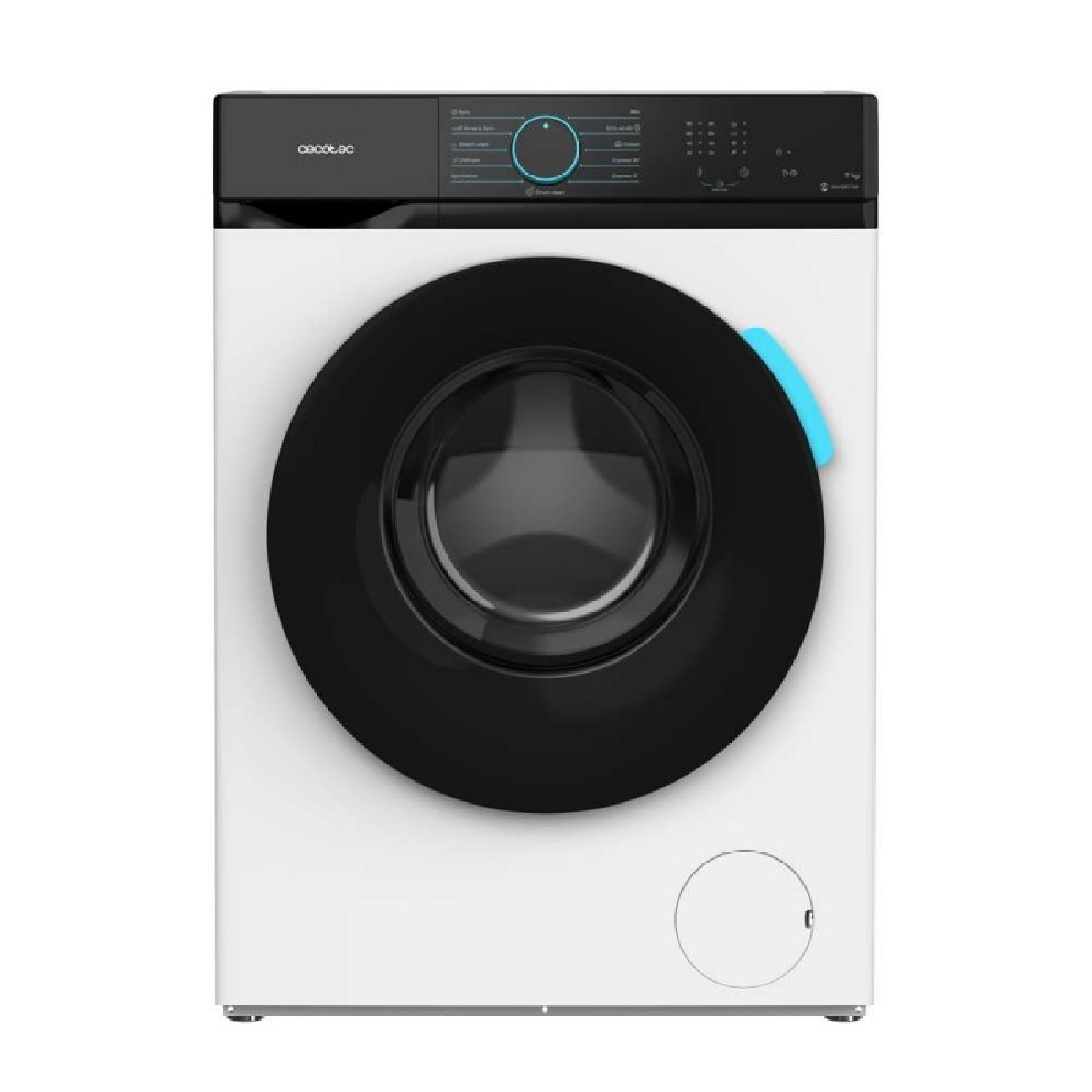 Una lavadora Cecotec blanca con puerta frontal negra y panel de control superior sobre fondo blanco.