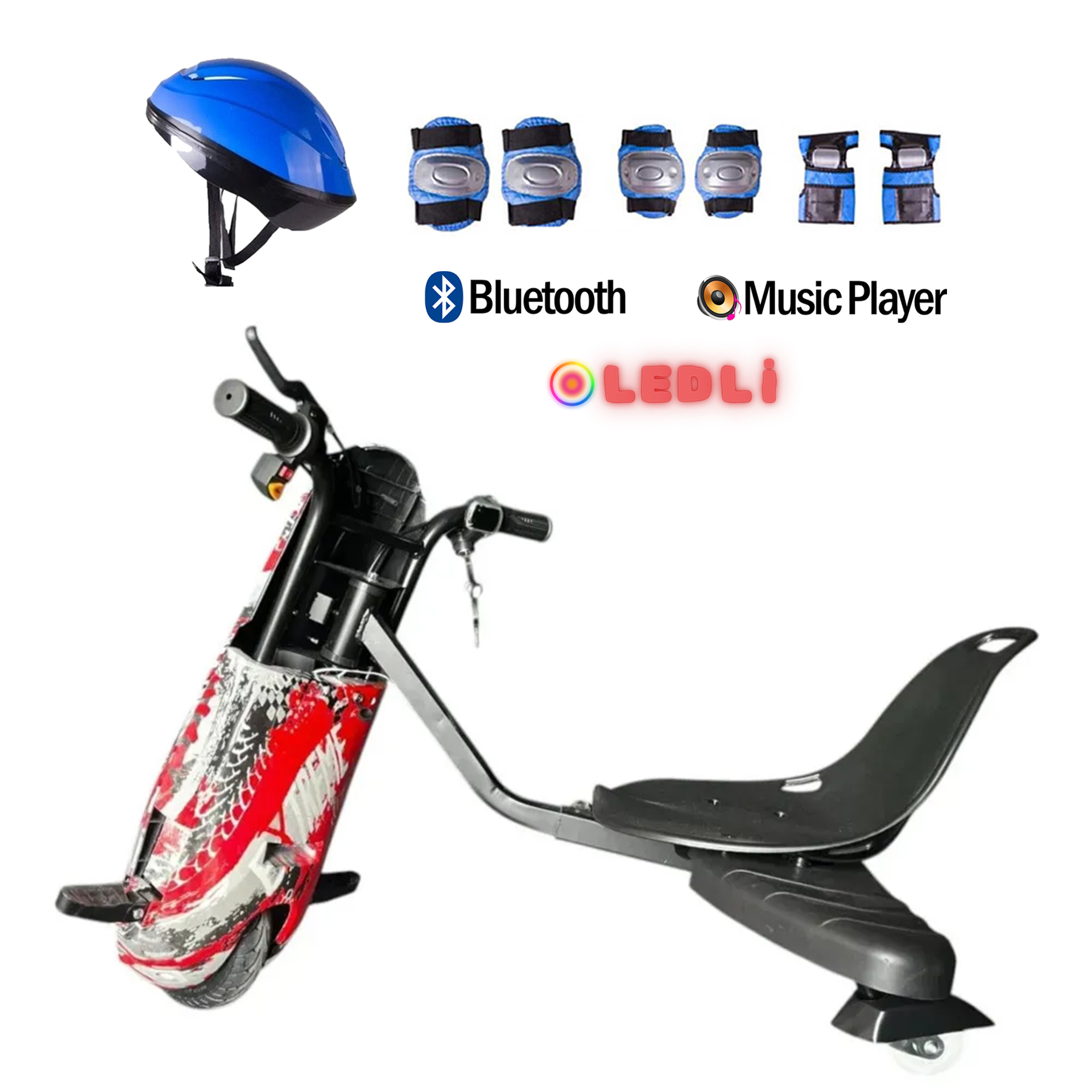 Kırmızı-siyah elektrikli drift scooter, mavi kask, koruyucular ve Bluetooth/müzik simgeleri.