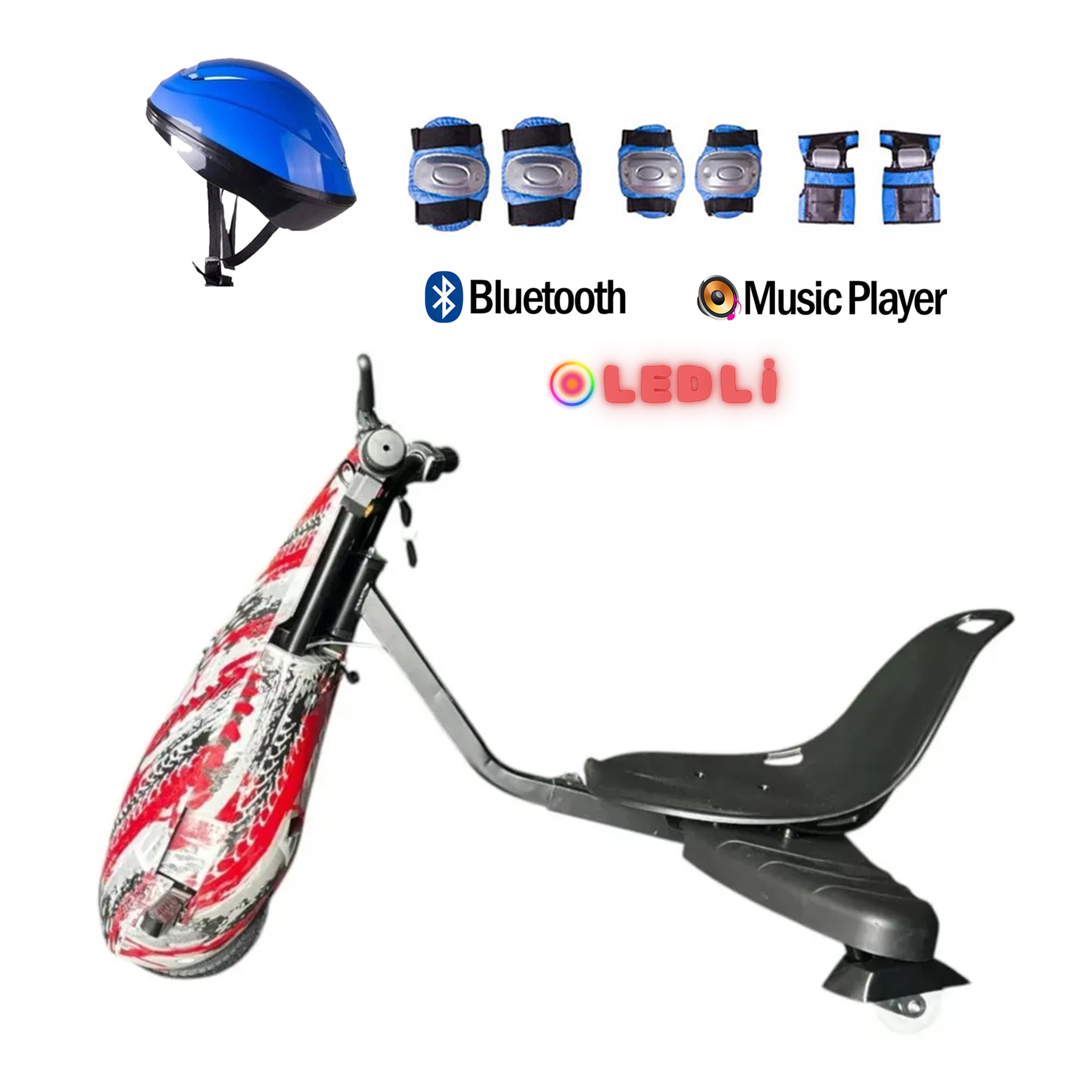 Kırmızı desenli ön kısma, mavi kaska, korumalara ve Bluetooth ile müzik çalar simgelerine sahip siyah bir drift trike.