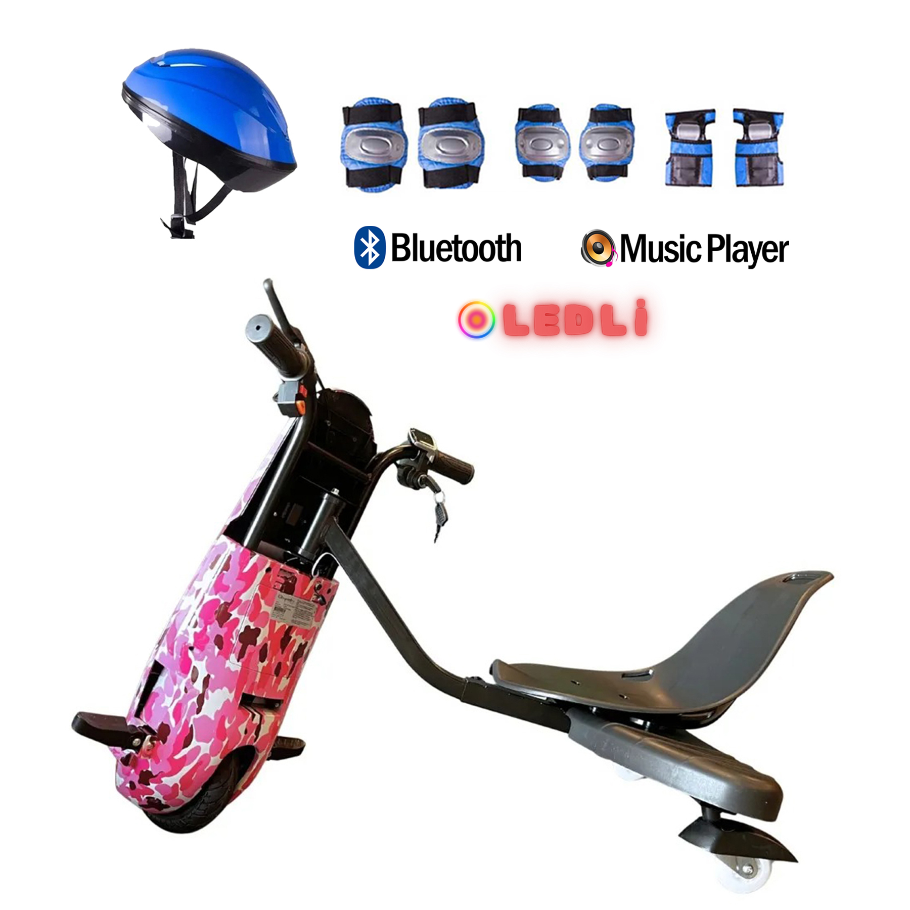 Mavi koruyucu ekipman, kask, Bluetooth ve müzik çalara sahip pembe kamuflajlı elektrikli scooter.