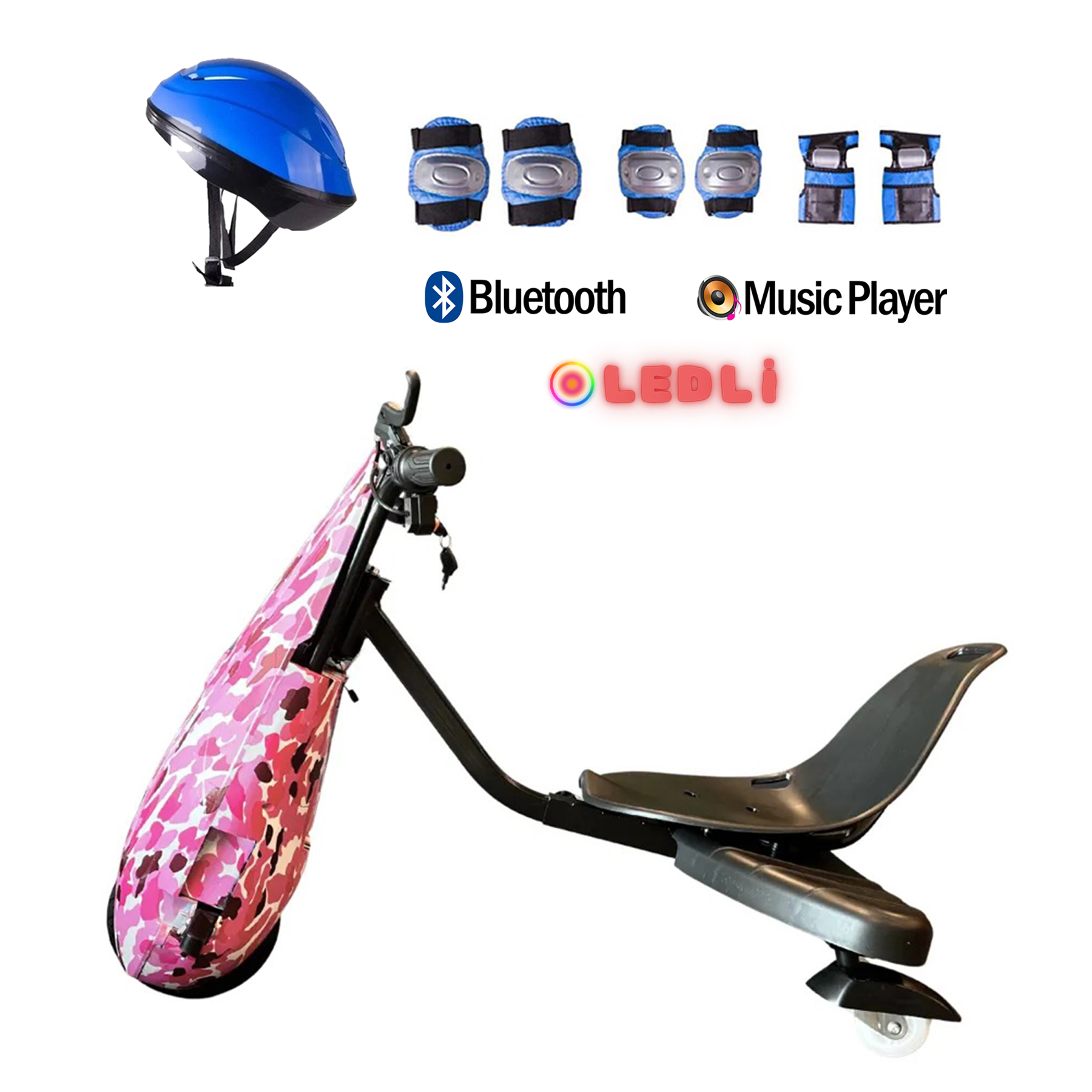 Mavi kask, korumalar, Bluetooth ve müzik çalarlı pembe kamuflajlı drift trike.