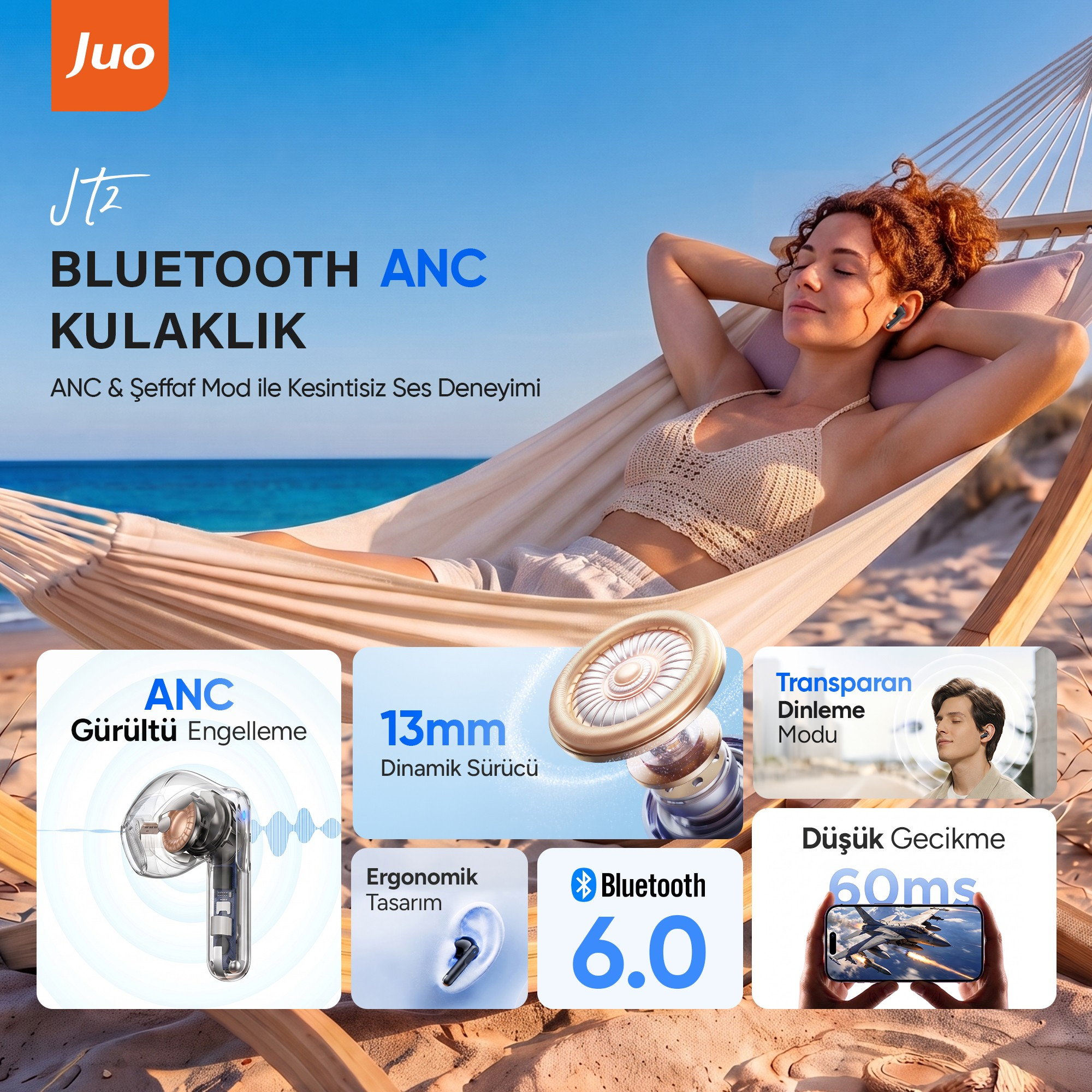 Hamakta dinlenen bir kadın ve ürün özelliklerinin yer aldığı Juo Bluetooth kulaklık görseli.