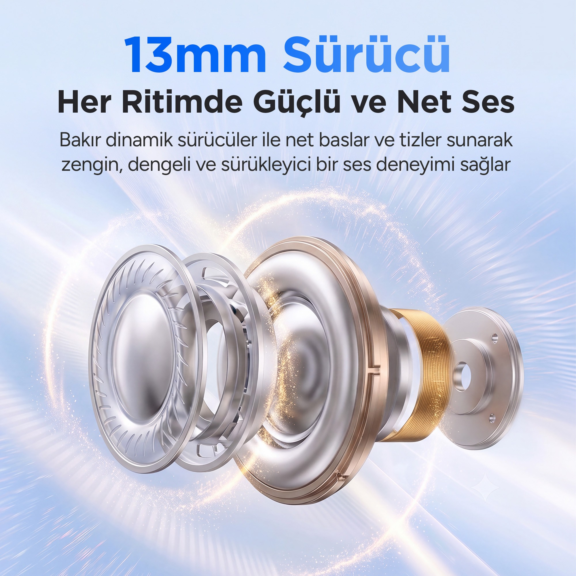 Mavi arka plan üzerinde metin bulunan 13 mm sürücünün patlatılmış görünümü.