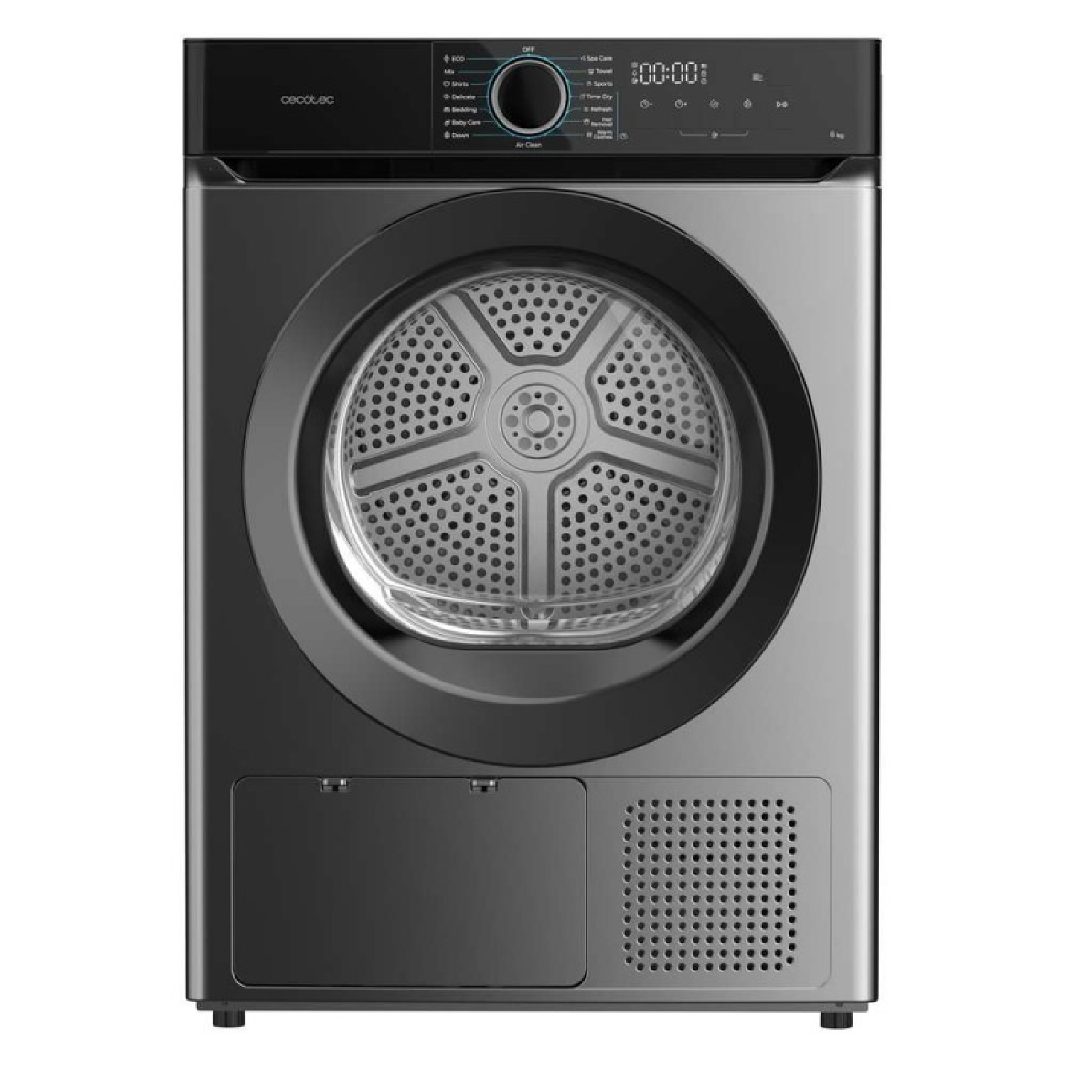 Moderna secadora gris Cecotec con pantalla digital, gran puerta de cristal y rejilla de ventilación inferior.