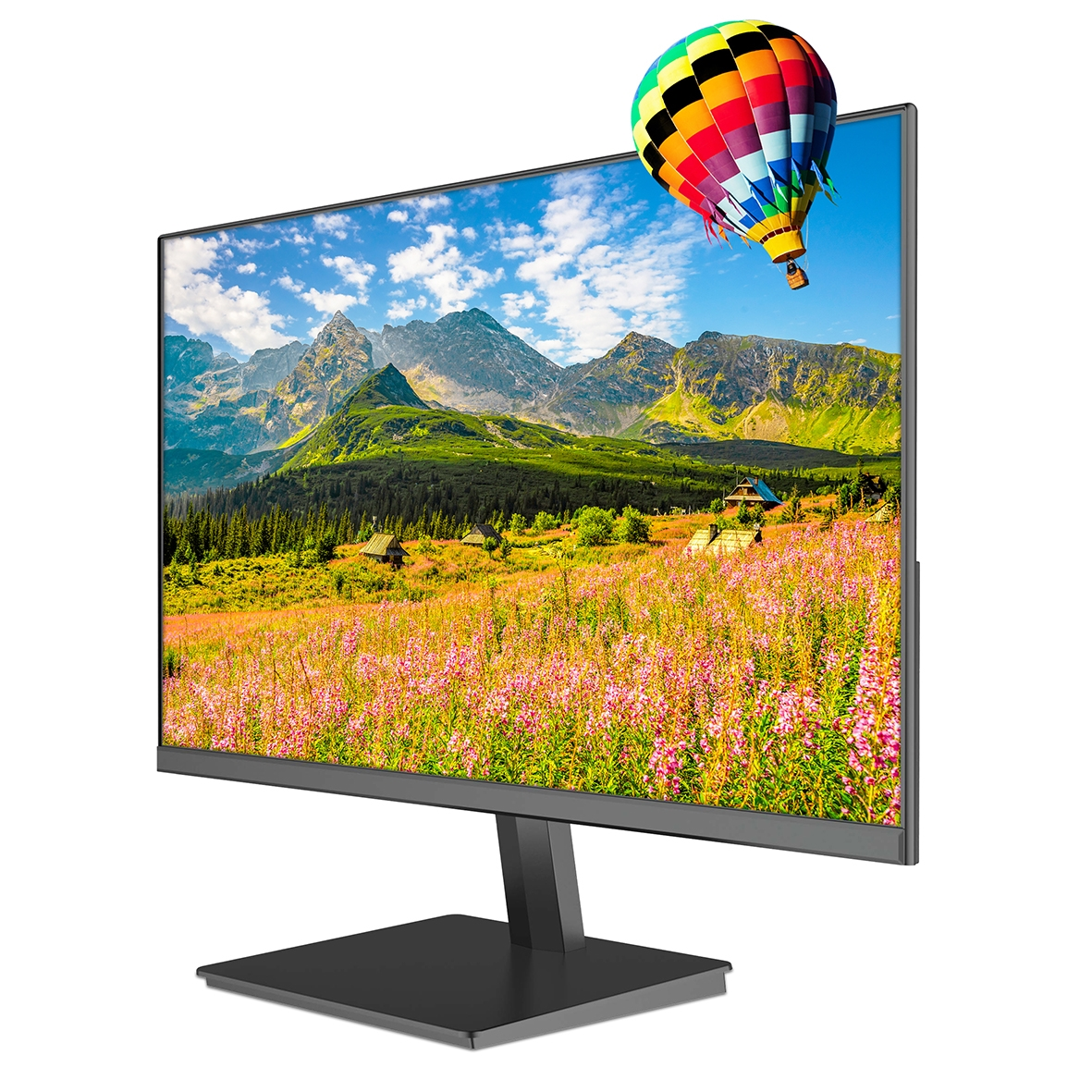 Un monitor mostra un paesaggio montano con una mongolfiera che fuoriesce parzialmente dallo schermo.